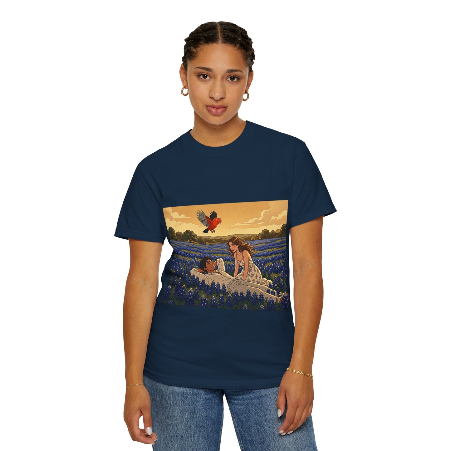 Romantic Bluebonnet Field T-Shirt — Couple in Wildflower Meadow Art Tee