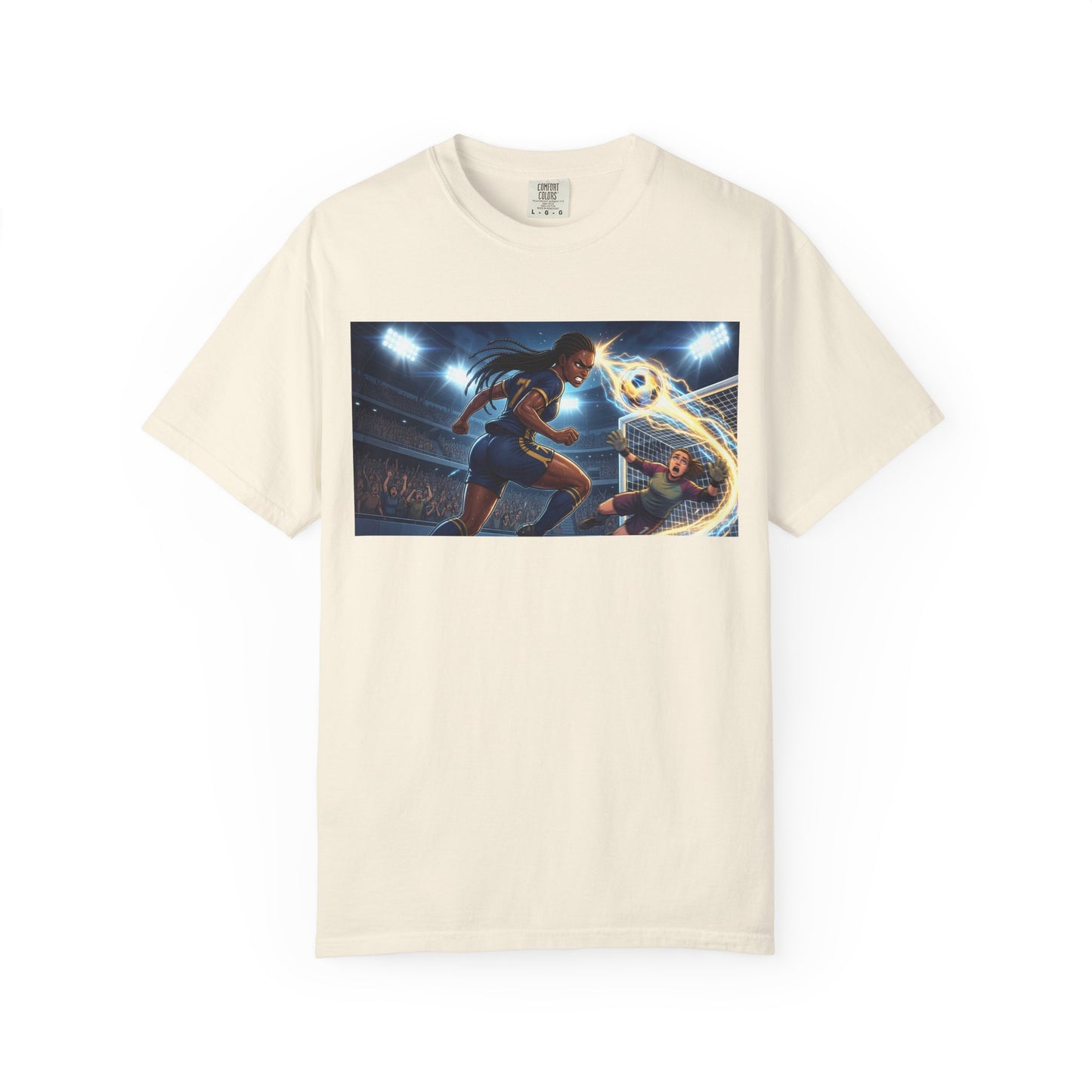 Soccer Duel Graphic T-Shirt — Futuristic Goalkeeper vs Striker Stadium Print