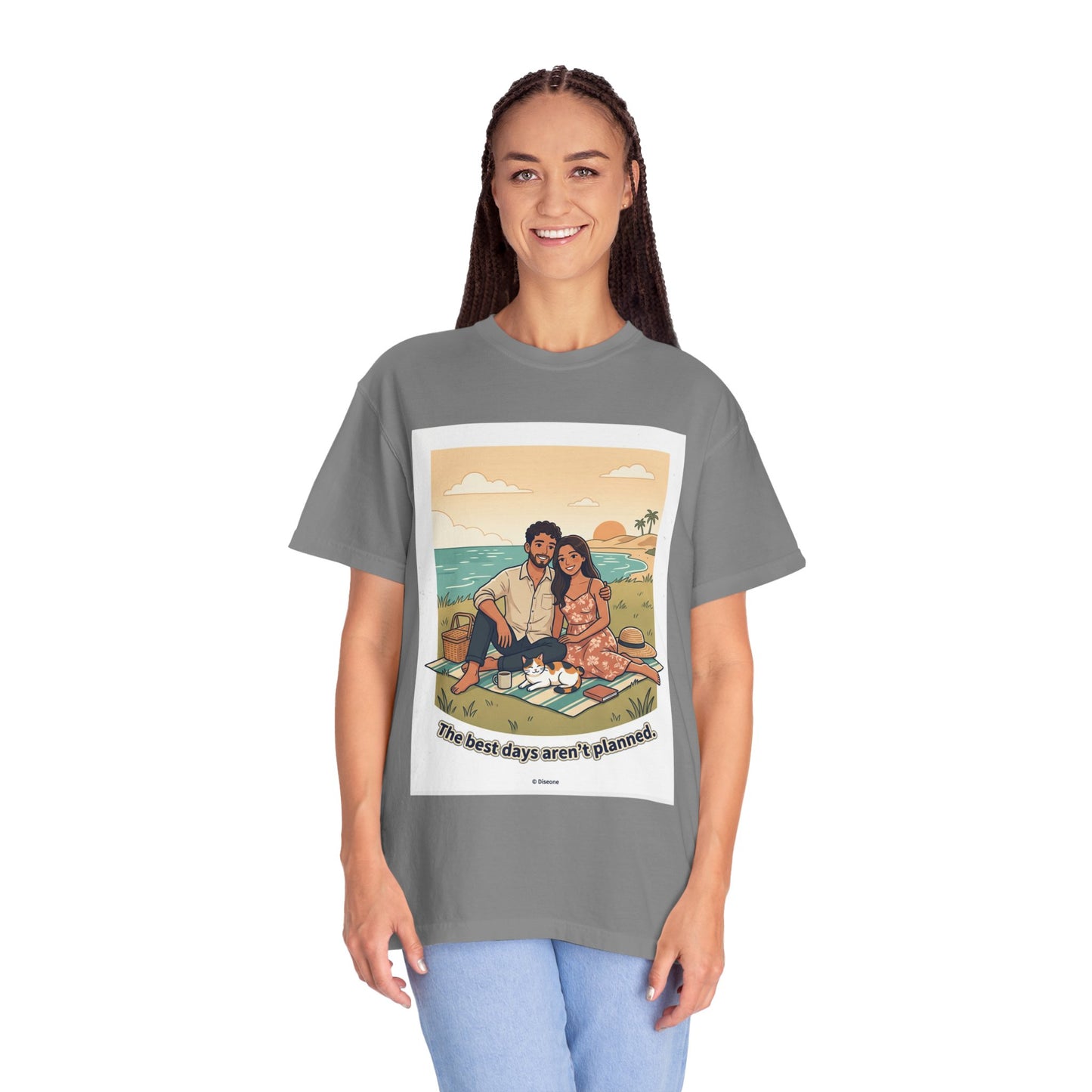 Beach Picnic Couple T‑Shirt — “The best days aren’t planned.” Relaxed Vacation Tee