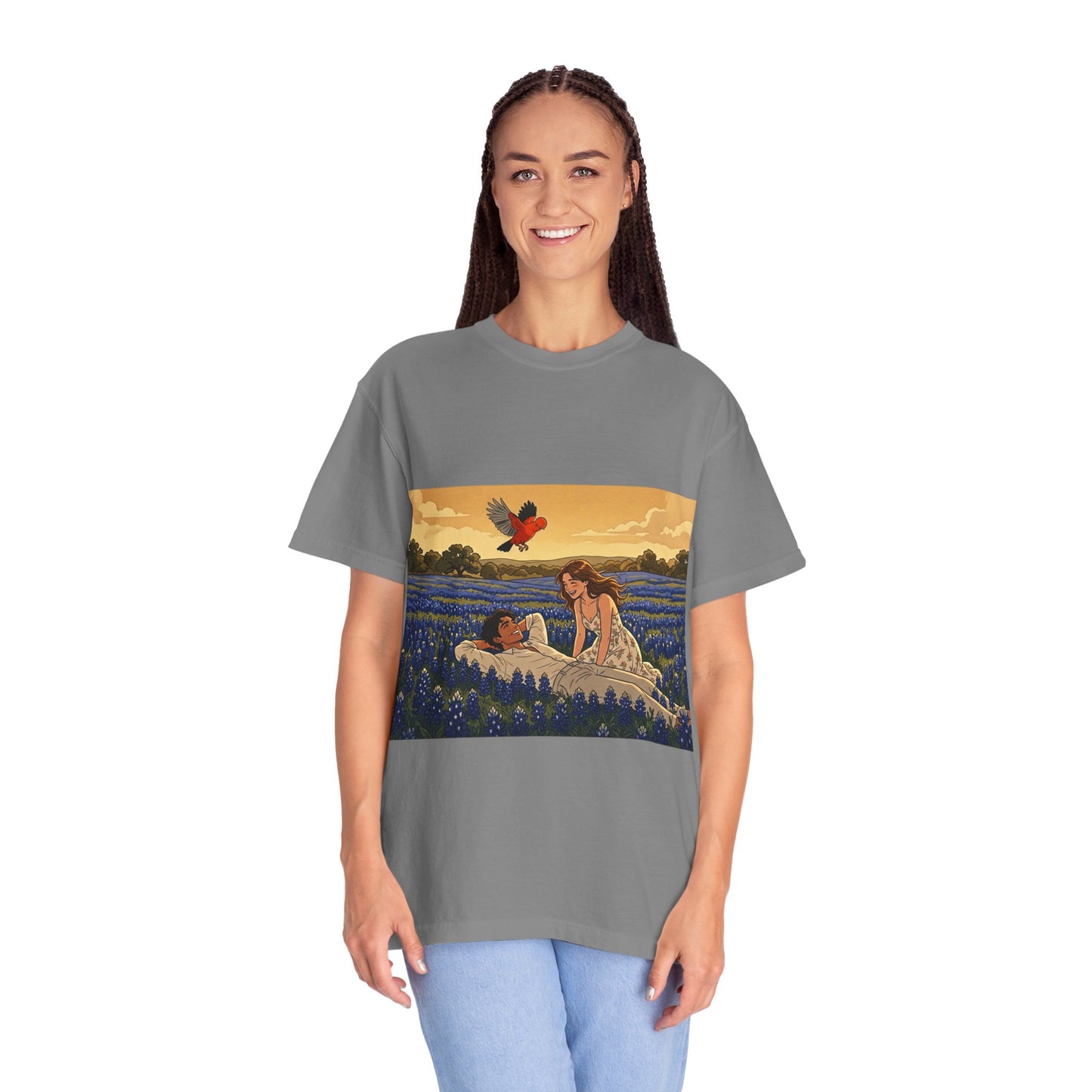 Romantic Bluebonnet Field T-Shirt — Couple in Wildflower Meadow Art Tee