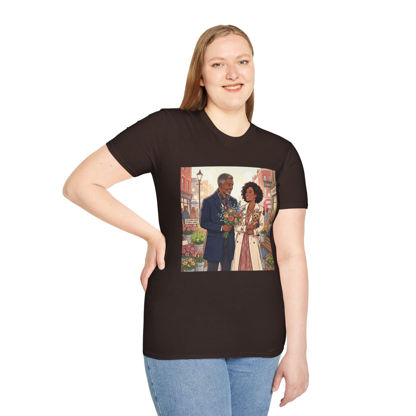 Romantic City Stroll T-Shirt — Couple Bouquet Illustration