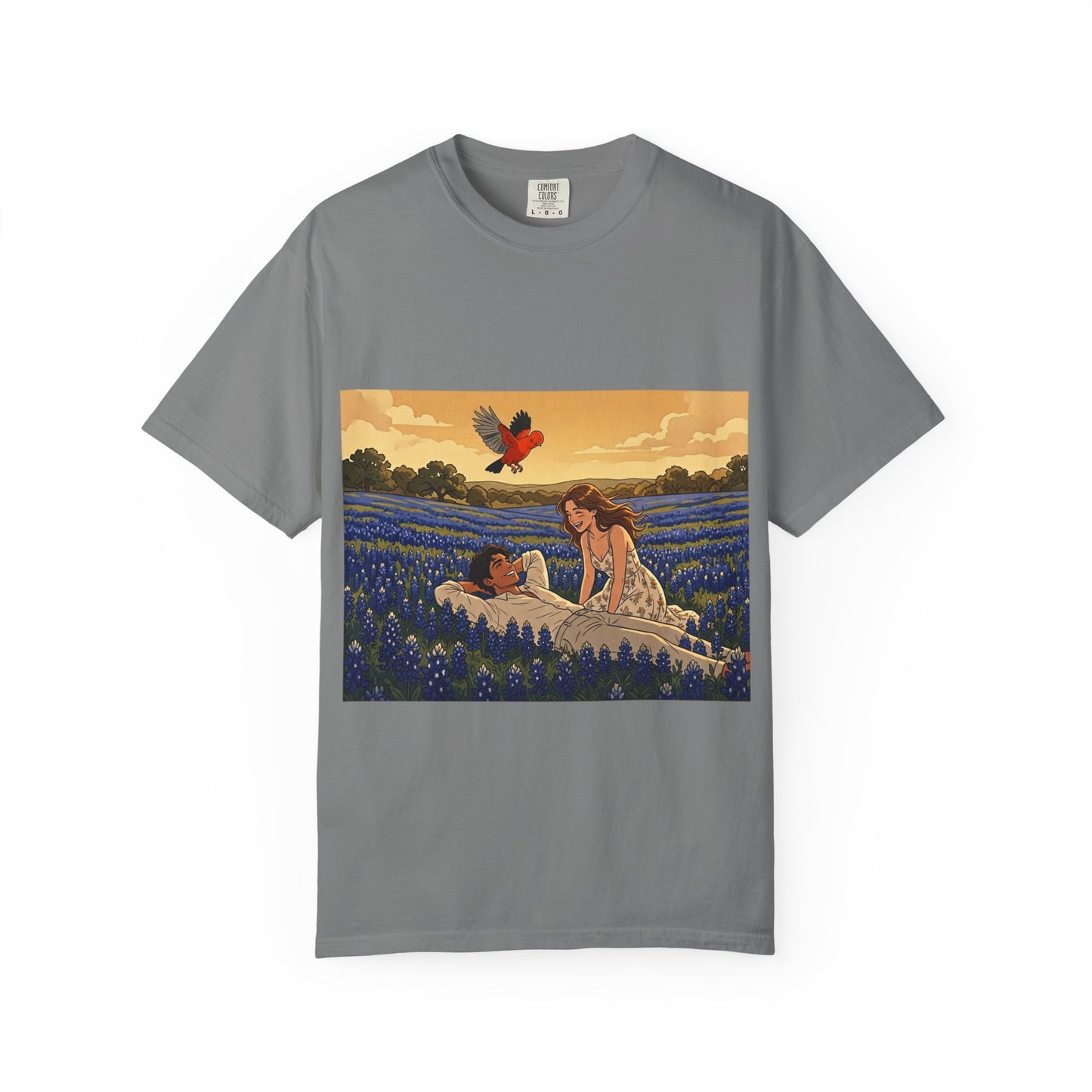 Romantic Bluebonnet Field T-Shirt — Couple in Wildflower Meadow Art Tee