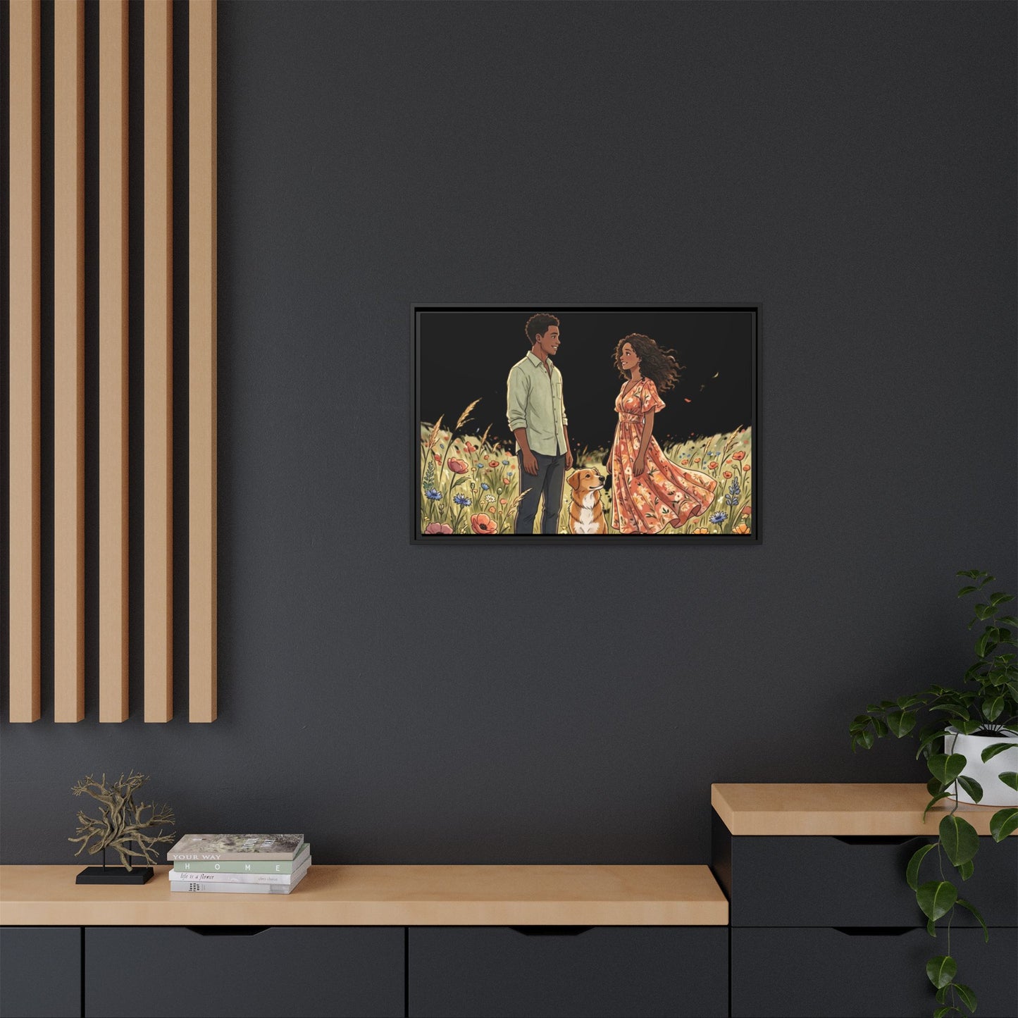 Framed Matte Canvas Print — Romantic Couple in Wildflower Field (Multi‑Color)