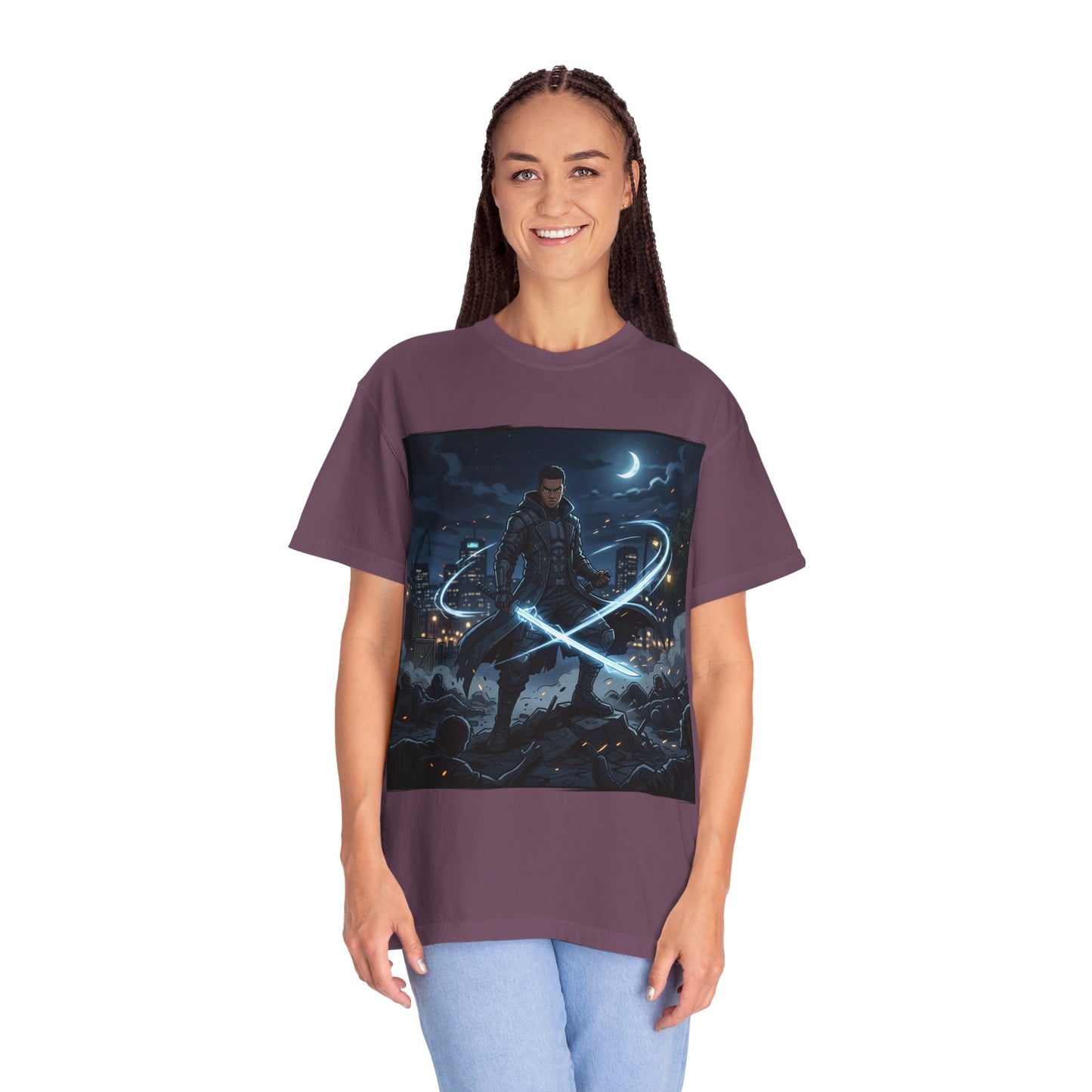 Urban Night Warrior T-Shirt — Neon Samurai Cityscape