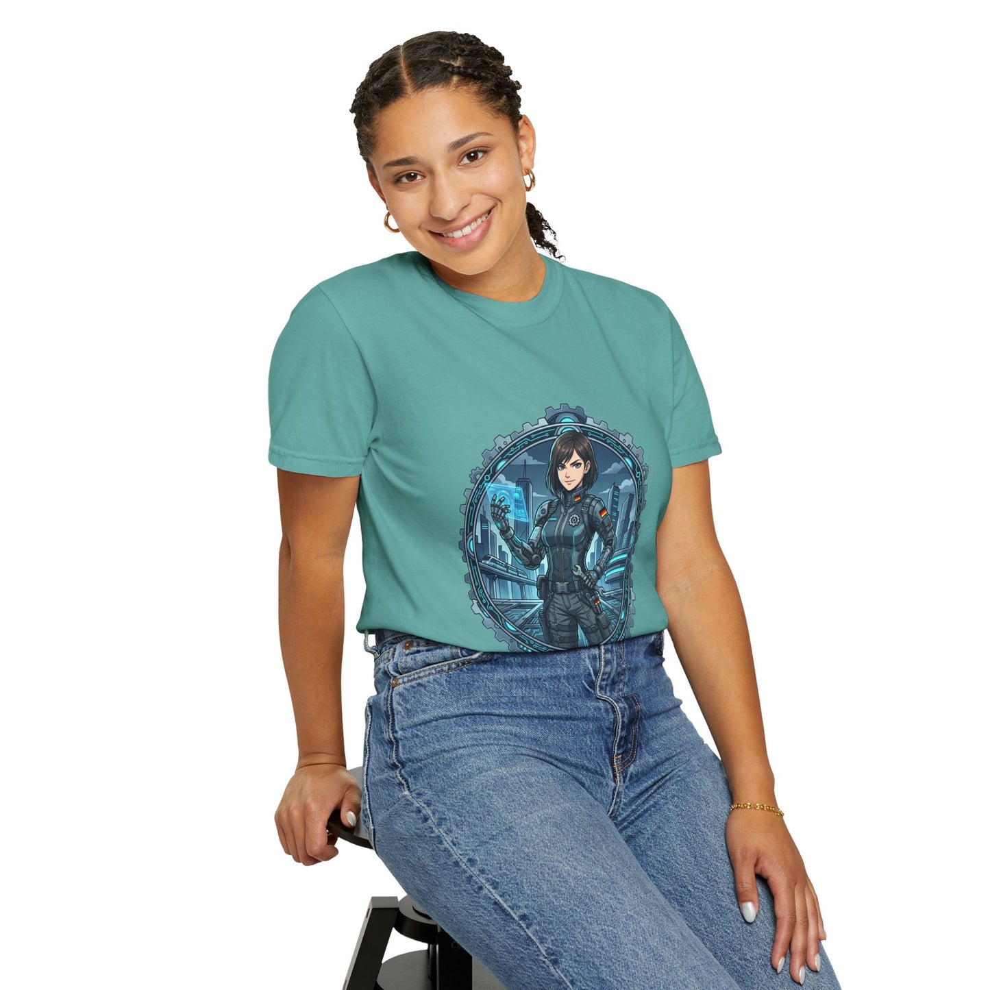Cyber Ninja Graphic T-Shirt — Futuristic Female Warrior Illustration