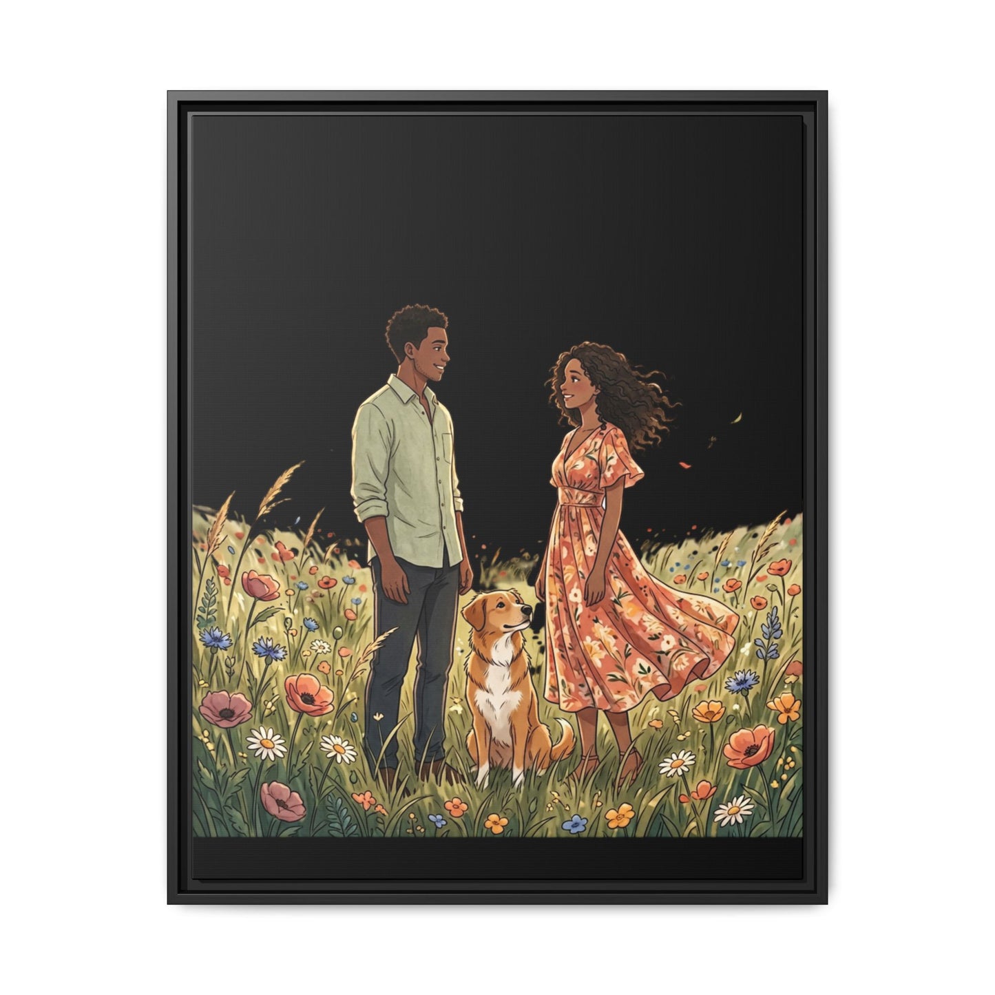 Framed Matte Canvas Print — Romantic Couple in Wildflower Field (Multi‑Color)