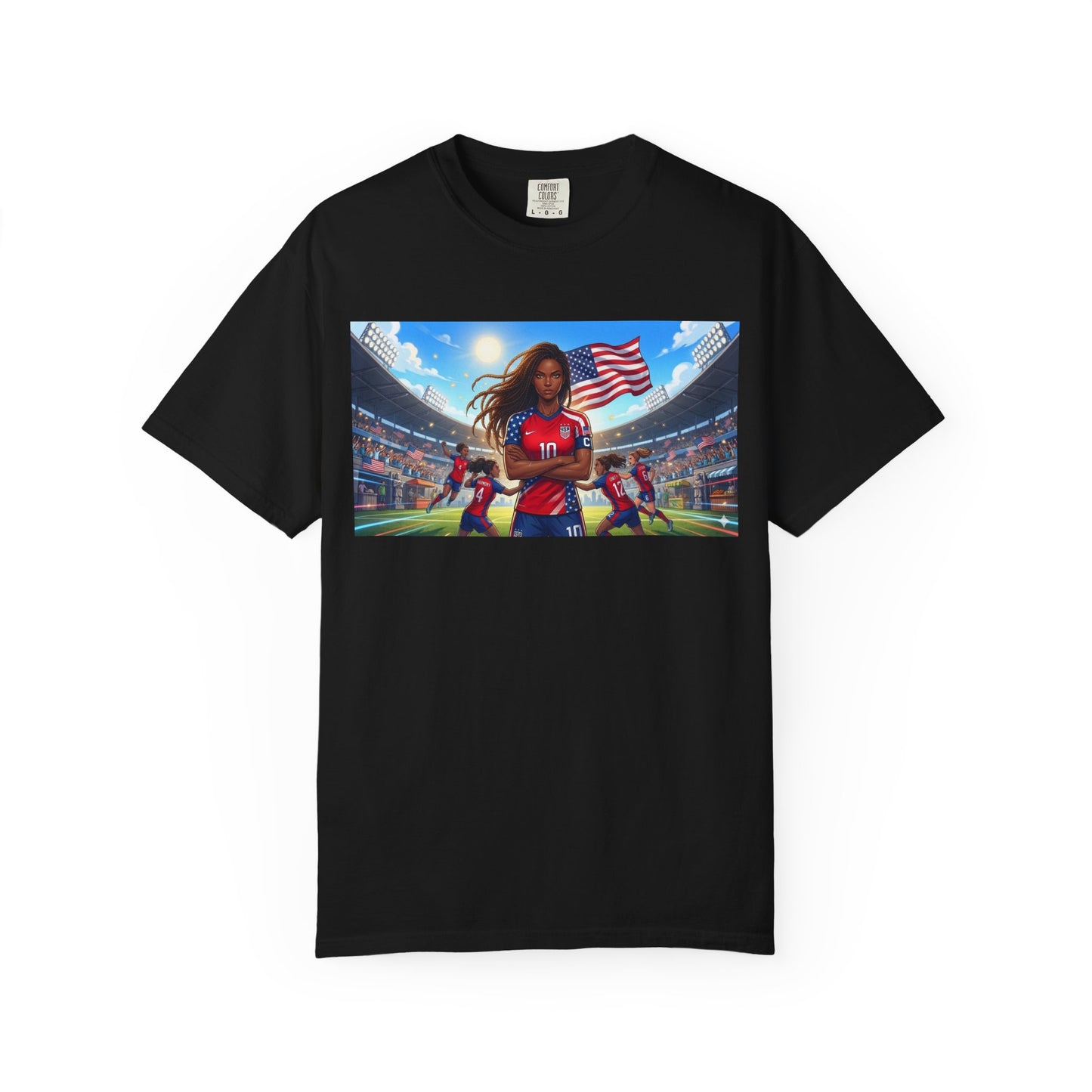 Soccer Mom USA T-Shirt — Female Soccer Player with American Flag Stadium Graphic