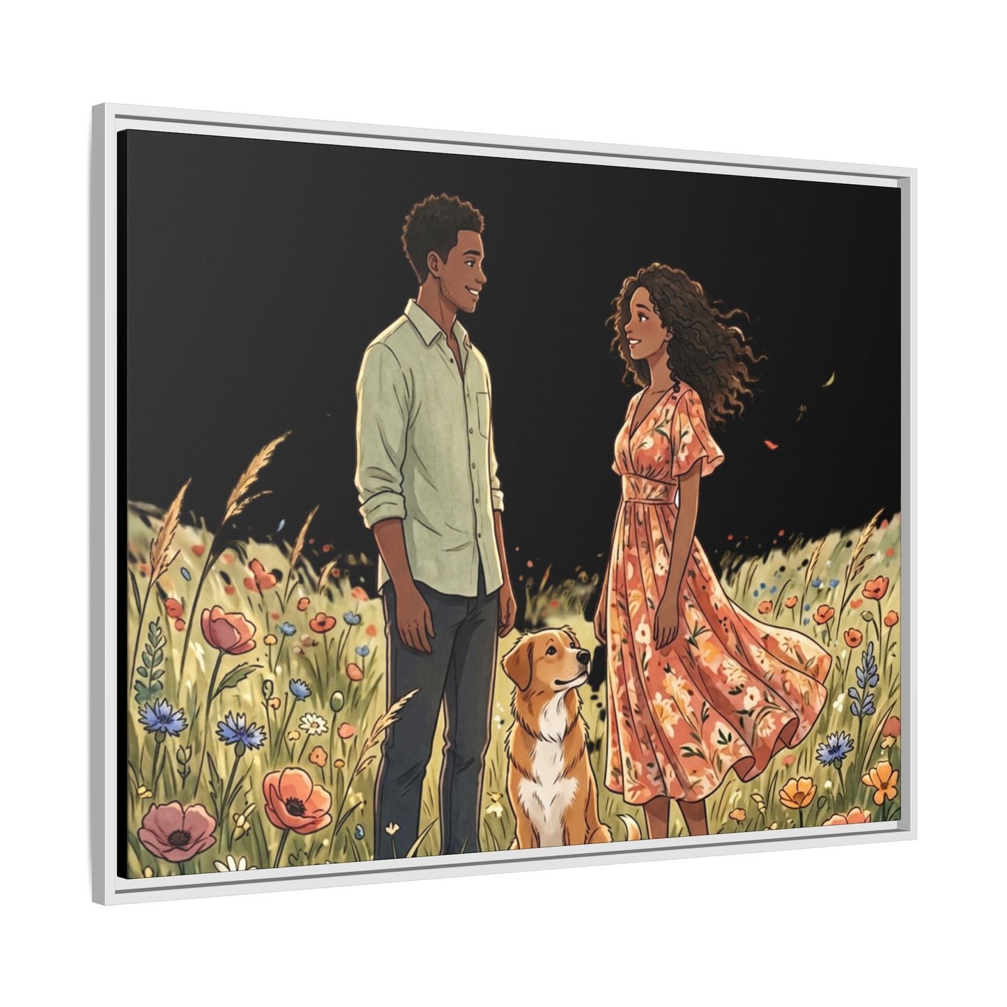Framed Matte Canvas Print — Romantic Couple in Wildflower Field (Multi‑Color)