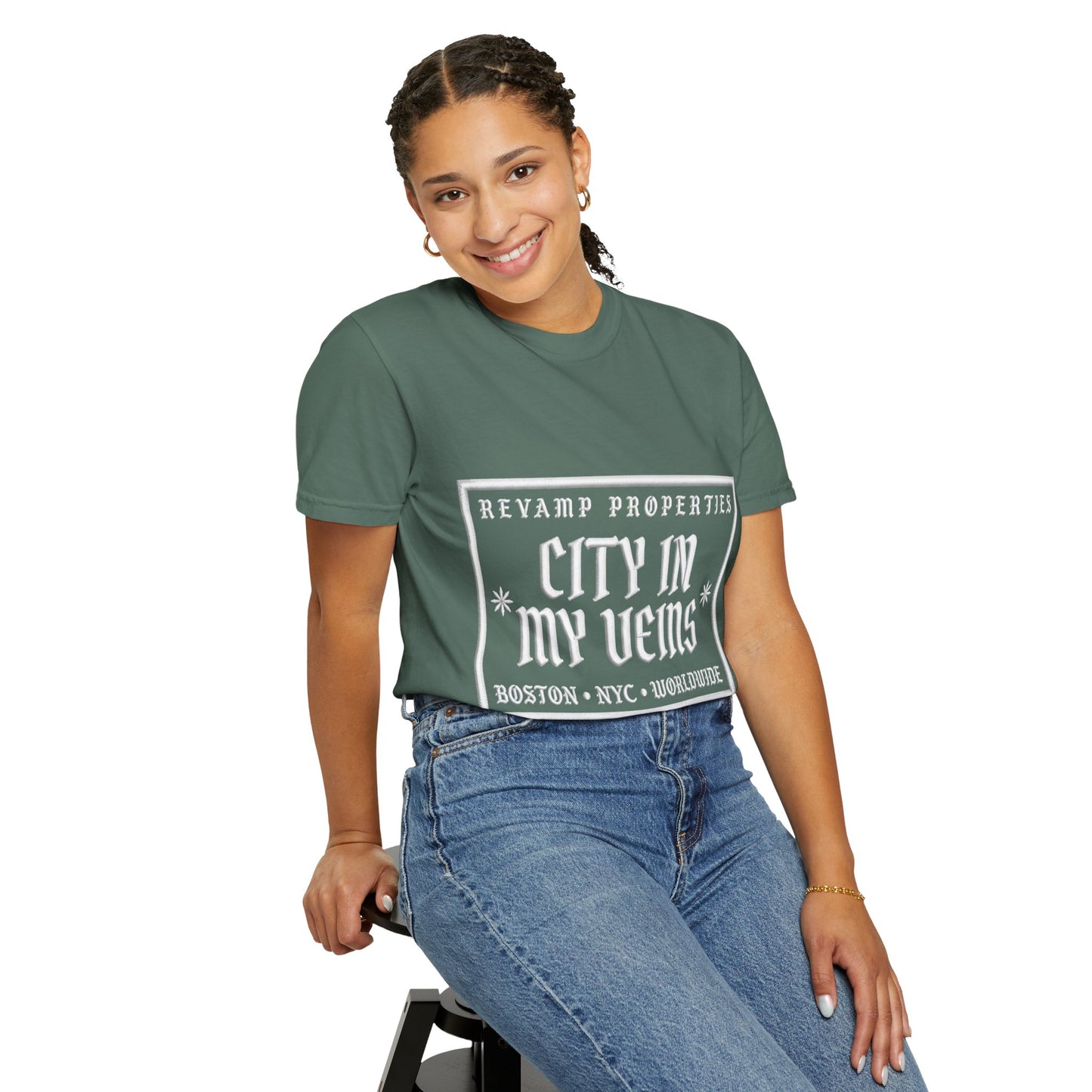 City In My Veins T‑Shirt — Vintage Cityscape Tee (Boston • NYC • Manchester)