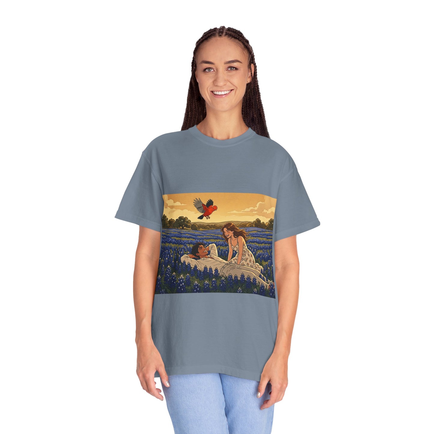 Romantic Bluebonnet Field T-Shirt — Couple in Wildflower Meadow Art Tee