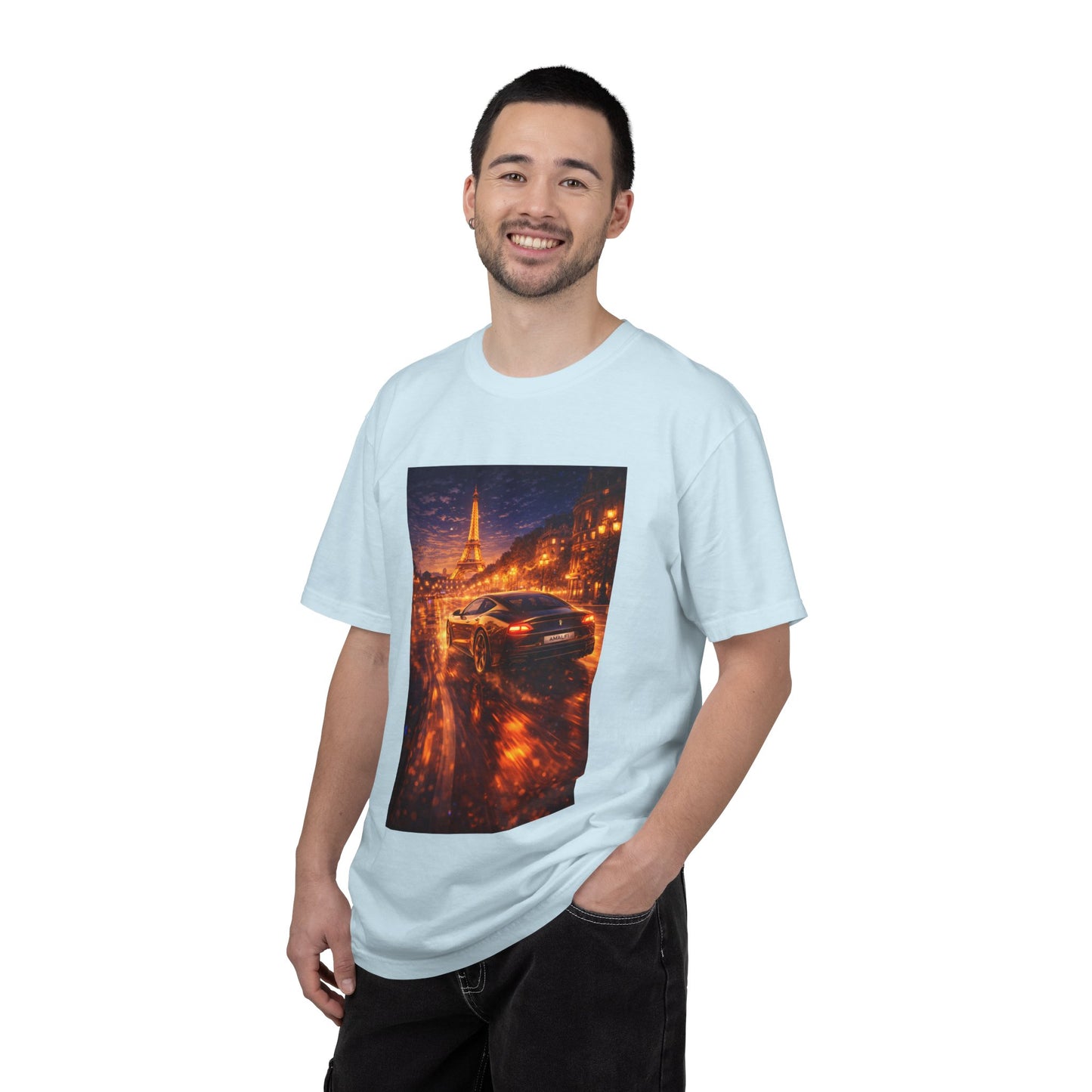 Paris Night Drive T-Shirt — Sports Car in Rainy Cityscape
