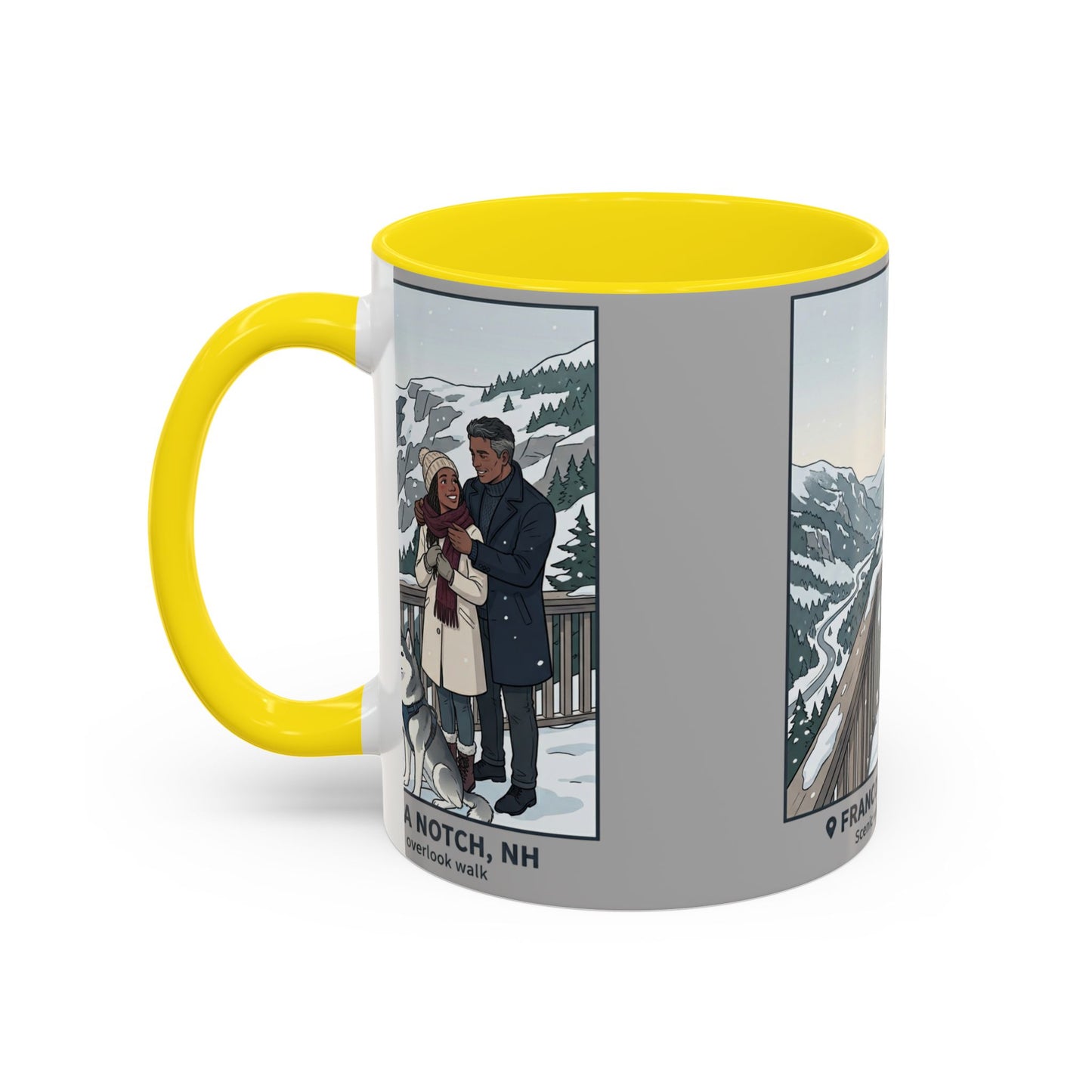Franconia Notch Scenic Winter Mug — Couples & Dog Snowy Overlook Coffee Cup (11/15oz)