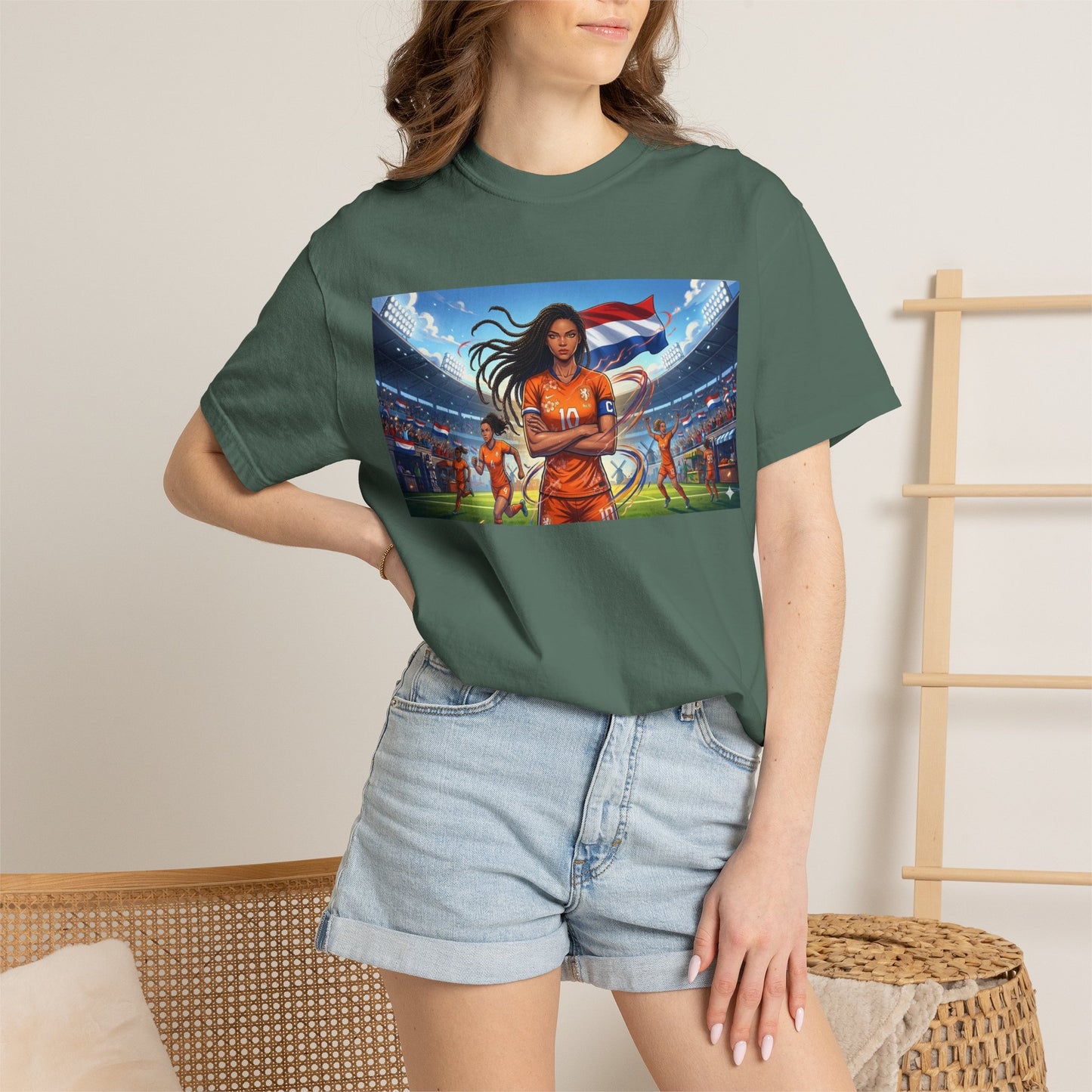 Soccer Warrior T-Shirt — Netherlands Female Captain with Flag Stadium Graphic