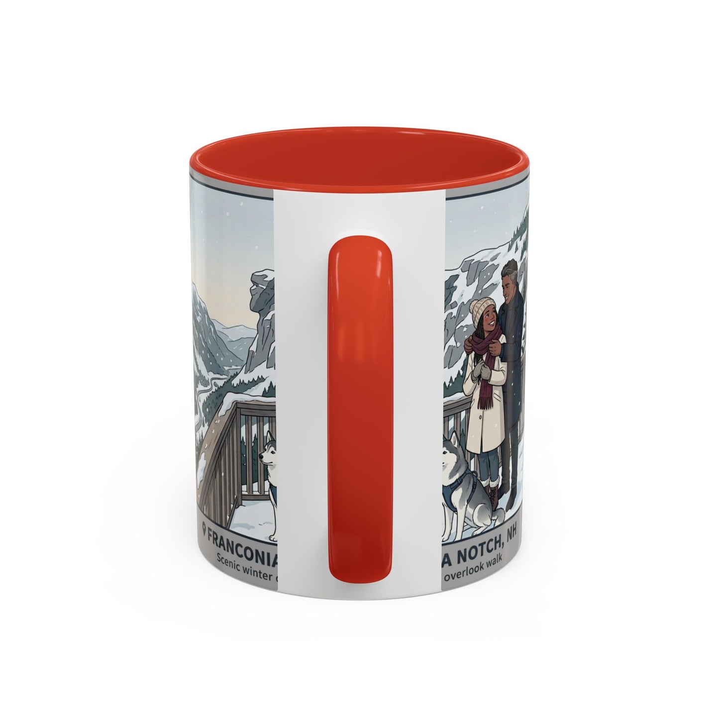 Franconia Notch Scenic Winter Mug — Couples & Dog Snowy Overlook Coffee Cup (11/15oz)