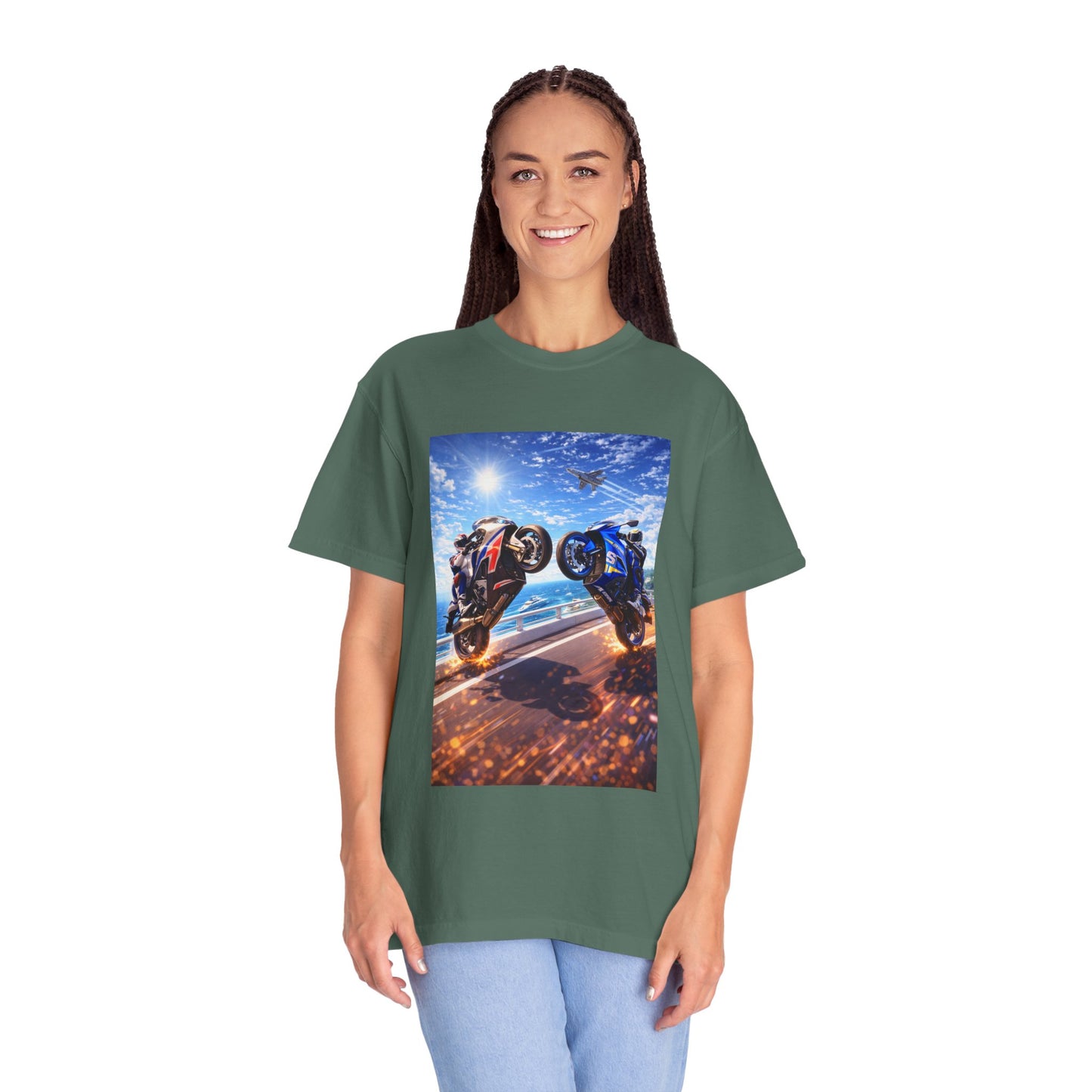 Stunt Riders Motorcycle T-Shirt — Two Bike Wheelie Racing Graphic Tee