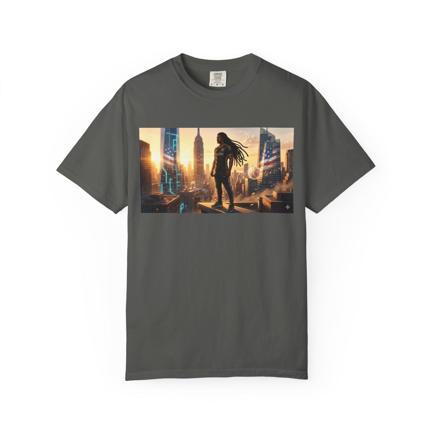 Cyberpunk Cityscape T-Shirt — Silhouette Hero at Sunset