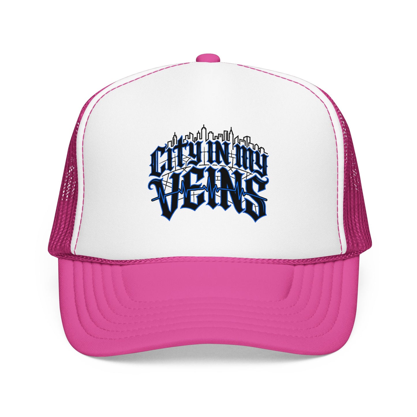 City In My Veins Foam Trucker Hat — Urban Gothic Blue Embroidered Cap