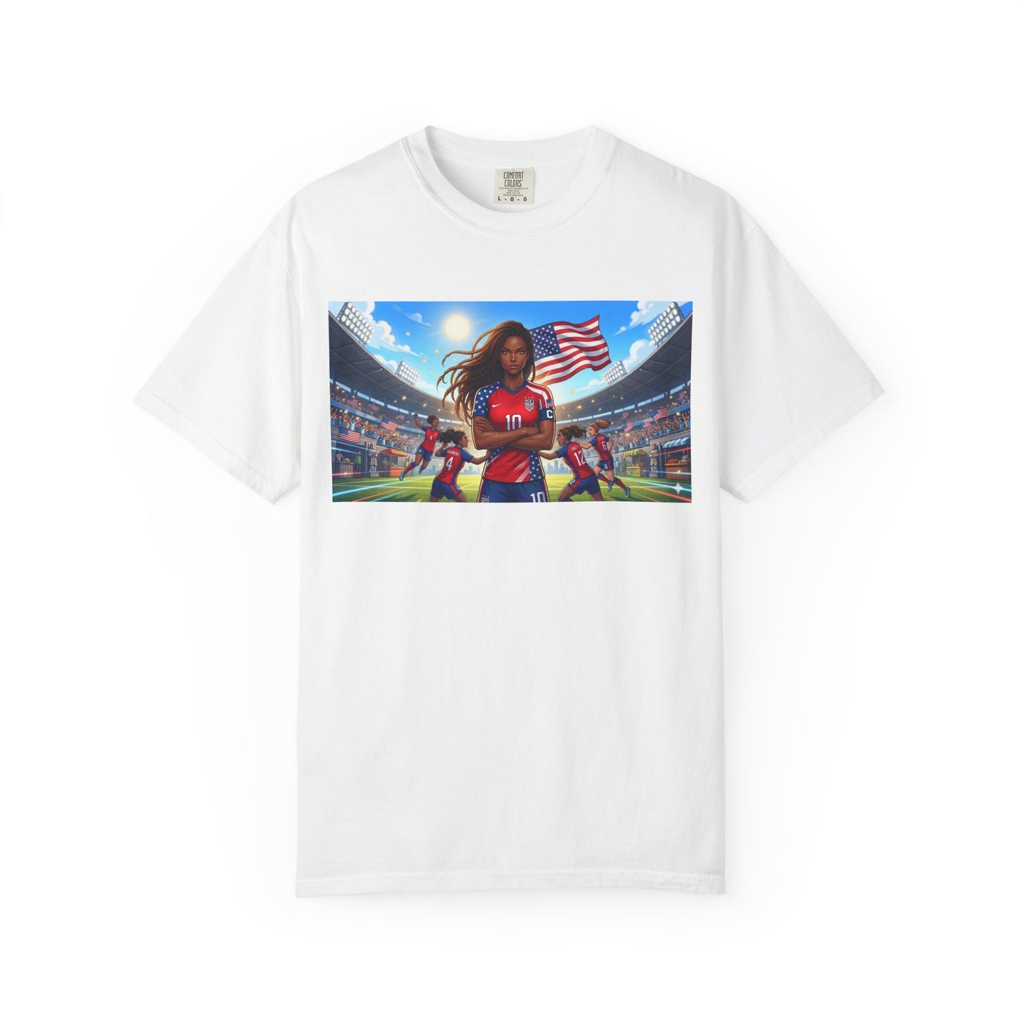 Soccer Mom USA T-Shirt — Female Soccer Player with American Flag Stadium Graphic