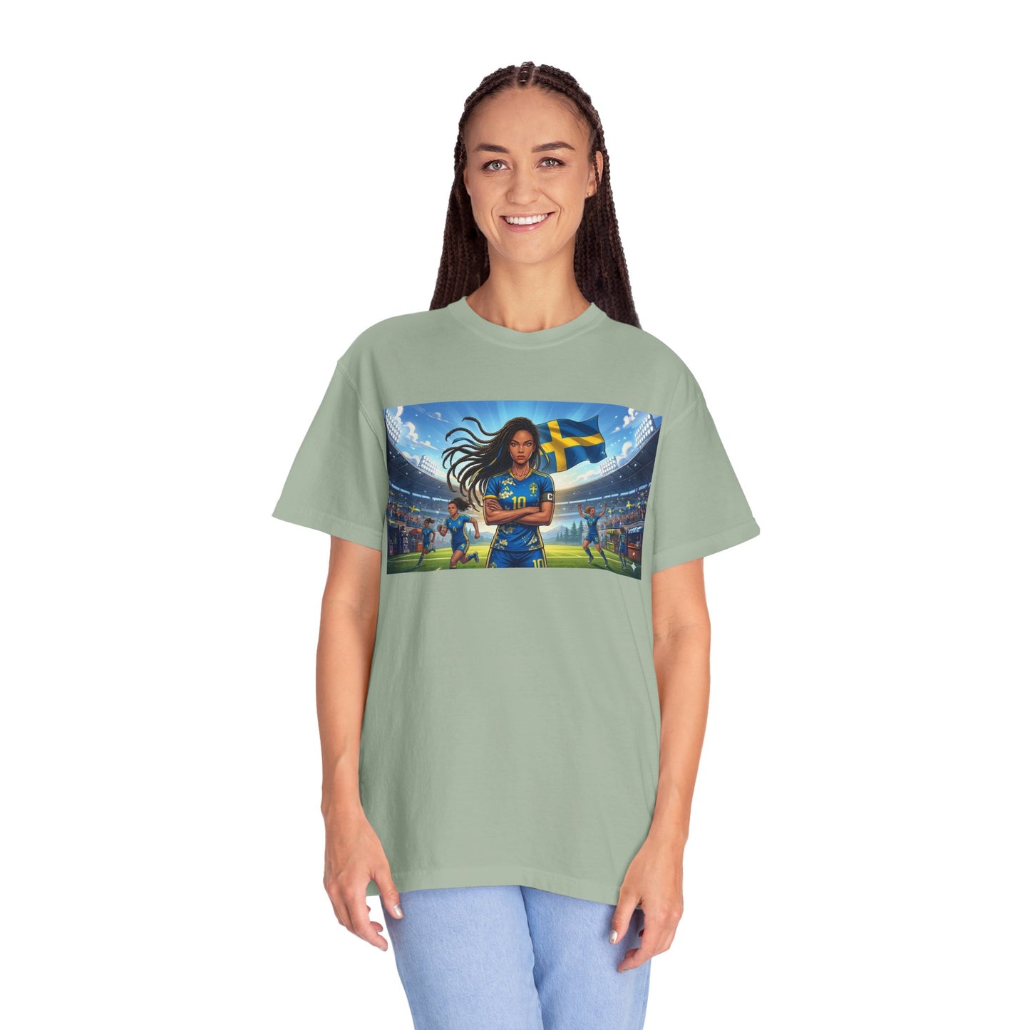 Swedish Soccer Pride T-Shirt — Female Footballer with Flag Stadium Design
