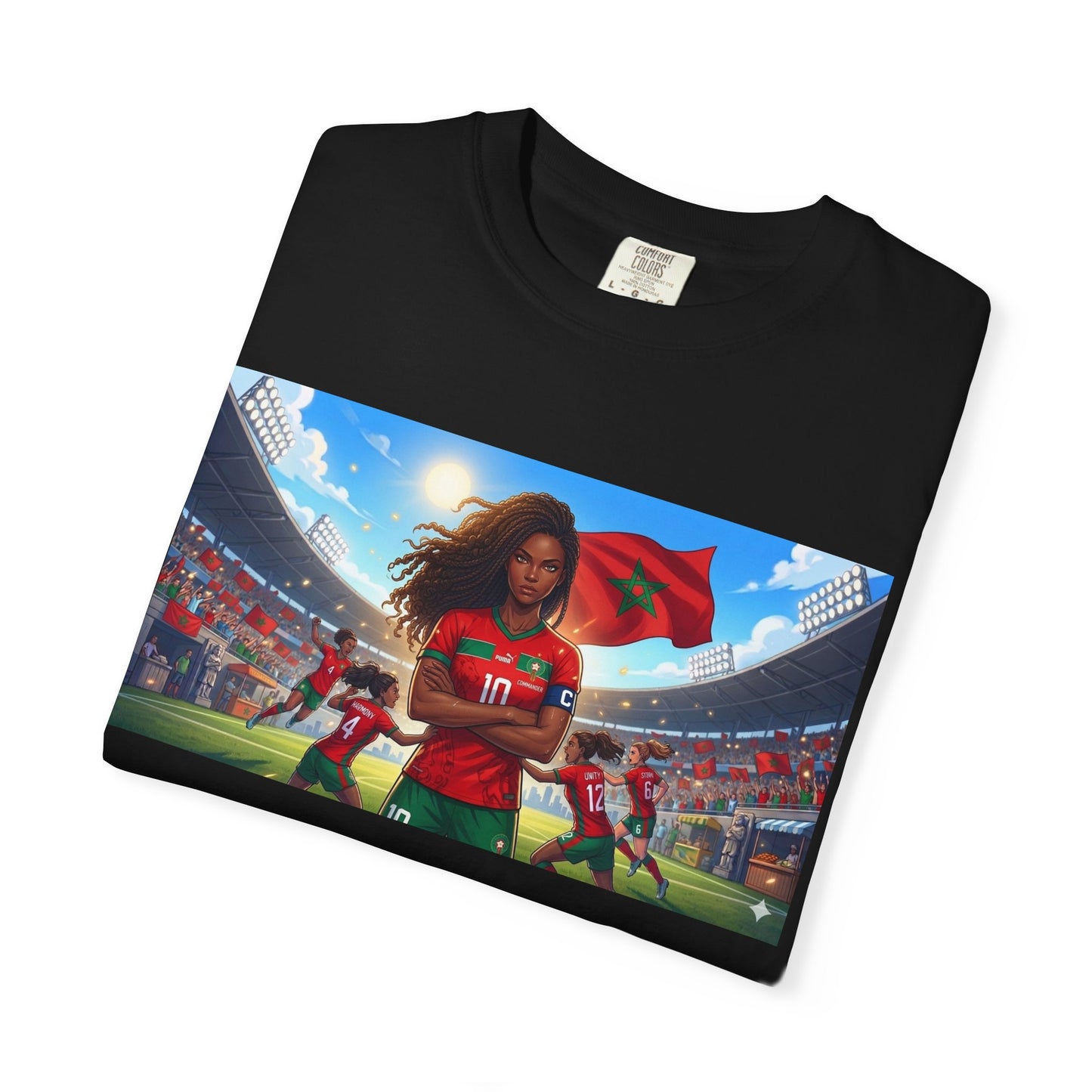 Morocco Soccer Champion Graphic T-Shirt — Inspiring Women’s Football Stadium Design