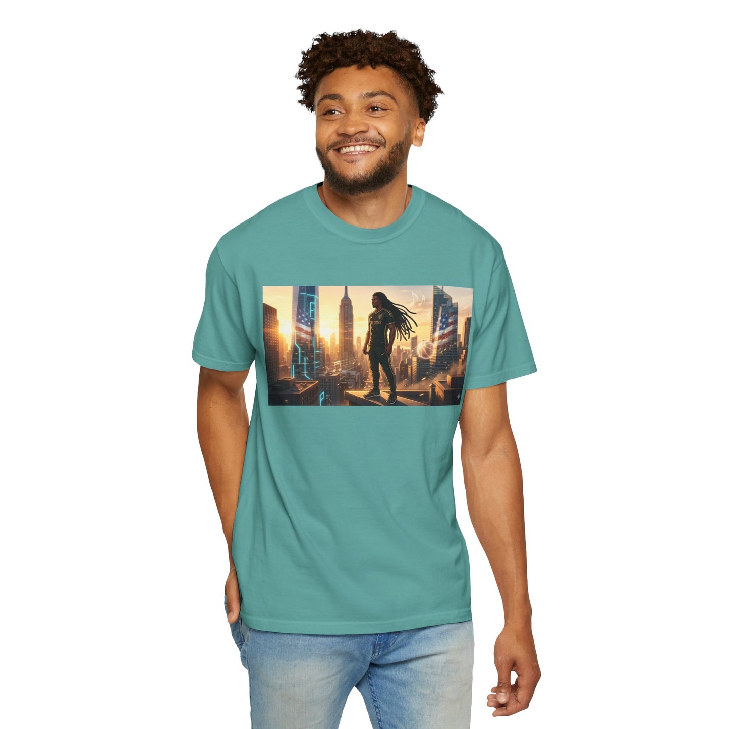 Cyberpunk Cityscape T-Shirt — Silhouette Hero at Sunset