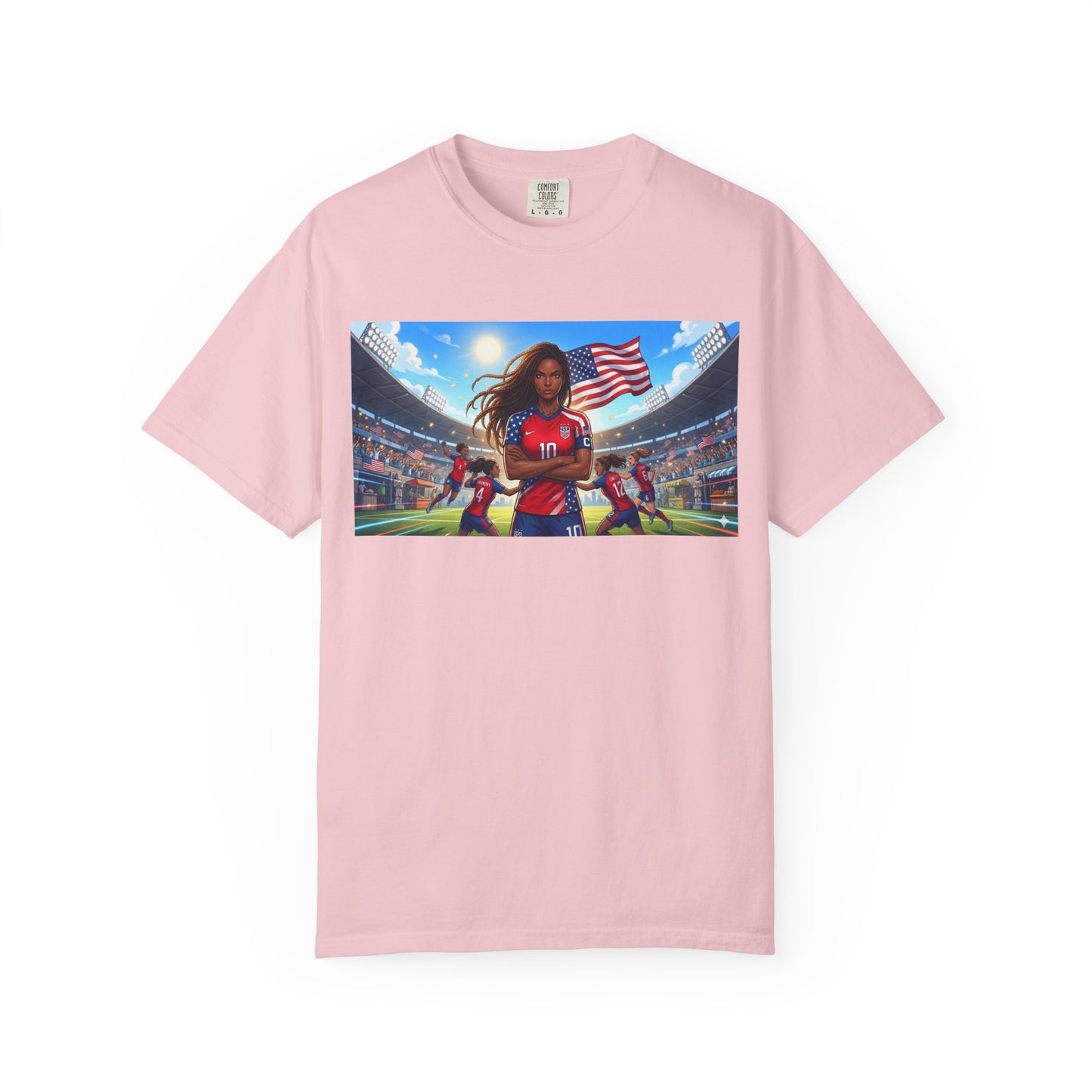 Soccer Mom USA T-Shirt — Female Soccer Player with American Flag Stadium Graphic