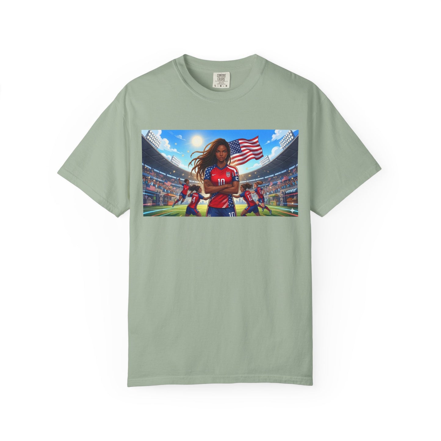 Soccer Mom USA T-Shirt — Female Soccer Player with American Flag Stadium Graphic