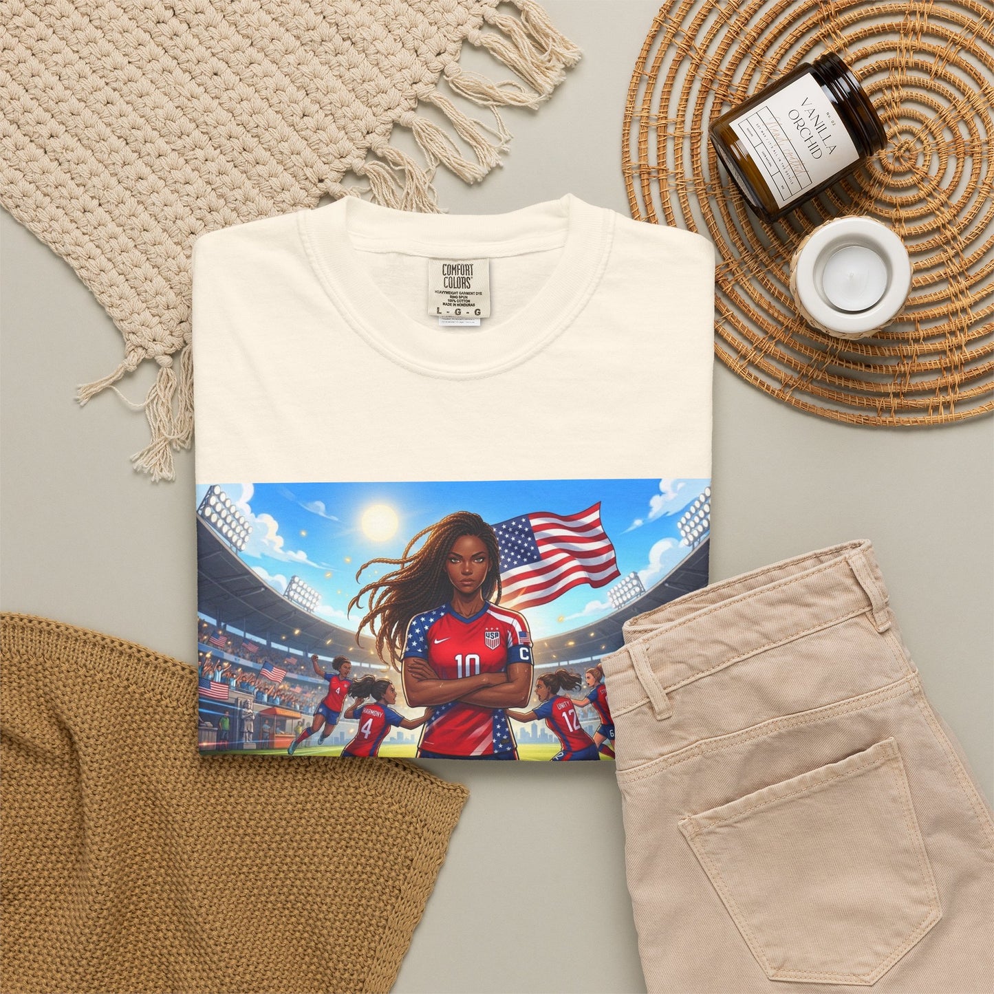 Soccer Mom USA T-Shirt — Female Soccer Player with American Flag Stadium Graphic
