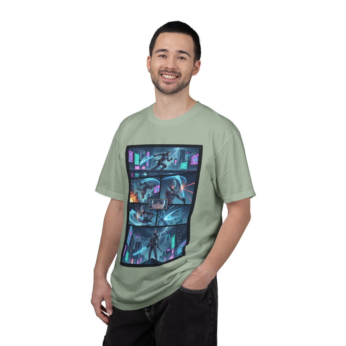 Cyberpunk Girl Samurai T-Shirt — Neon Manga Panel Graphic Tee