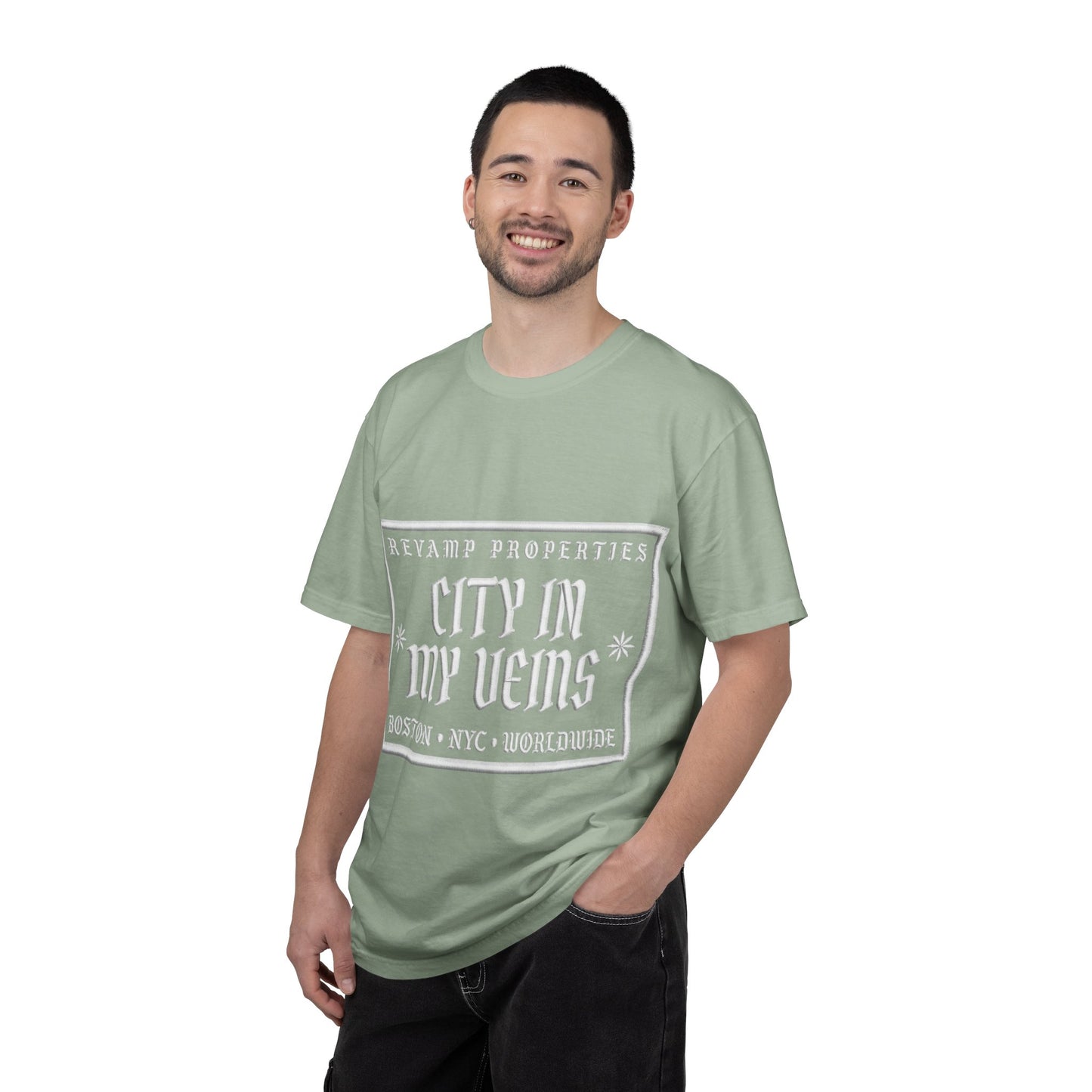 City In My Veins T‑Shirt — Vintage Cityscape Tee (Boston • NYC • Manchester)