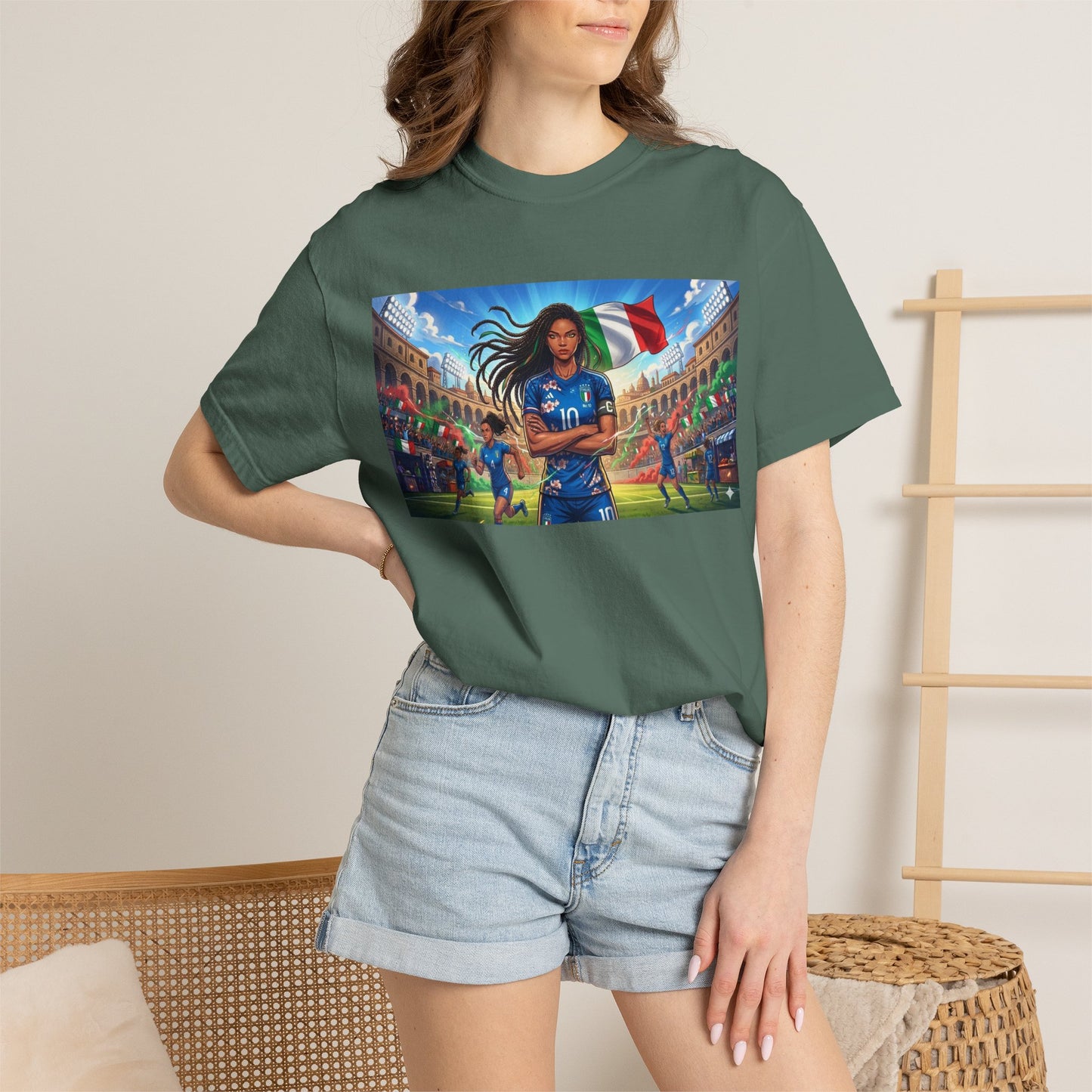 Italian Soccer Fan T‑Shirt – Inspirational Female Player with Italy Flag Stadium Print