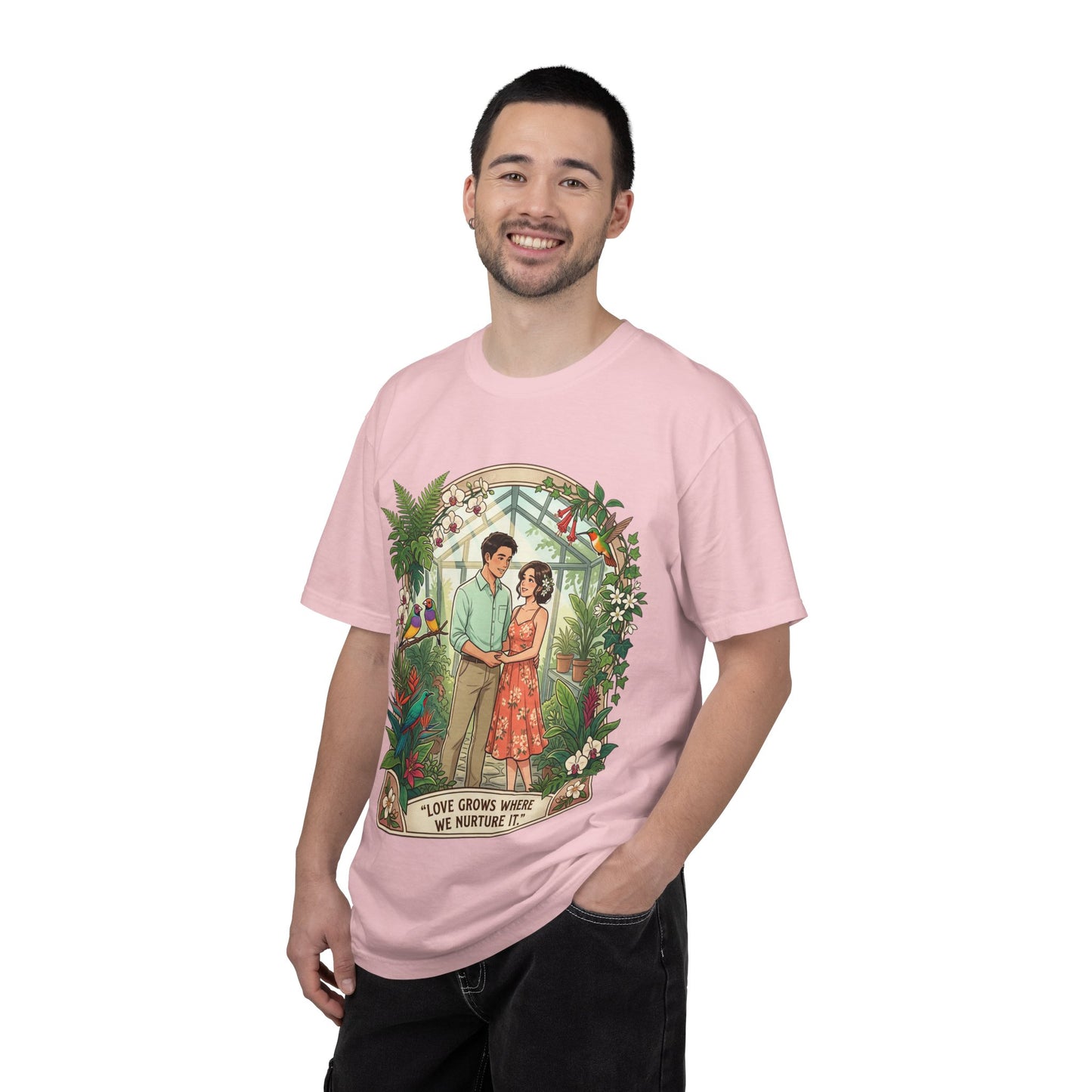 Romantic Greenhouse Couples T-Shirt — “Love Grows Where We Nurture It”