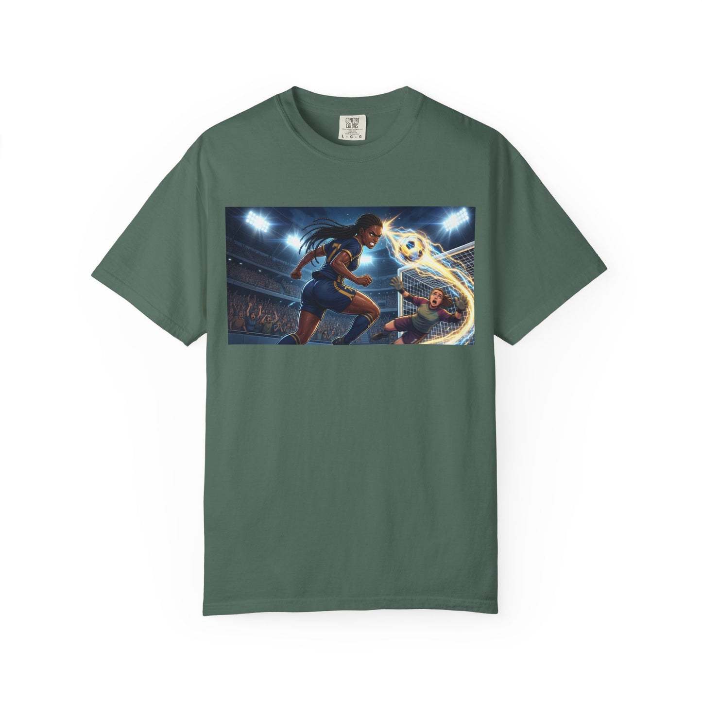 Soccer Duel Graphic T-Shirt — Futuristic Goalkeeper vs Striker Stadium Print