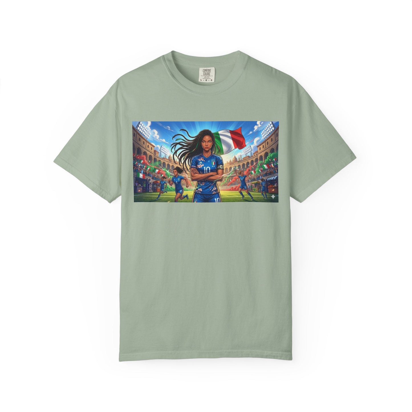 Italian Soccer Fan T‑Shirt – Inspirational Female Player with Italy Flag Stadium Print