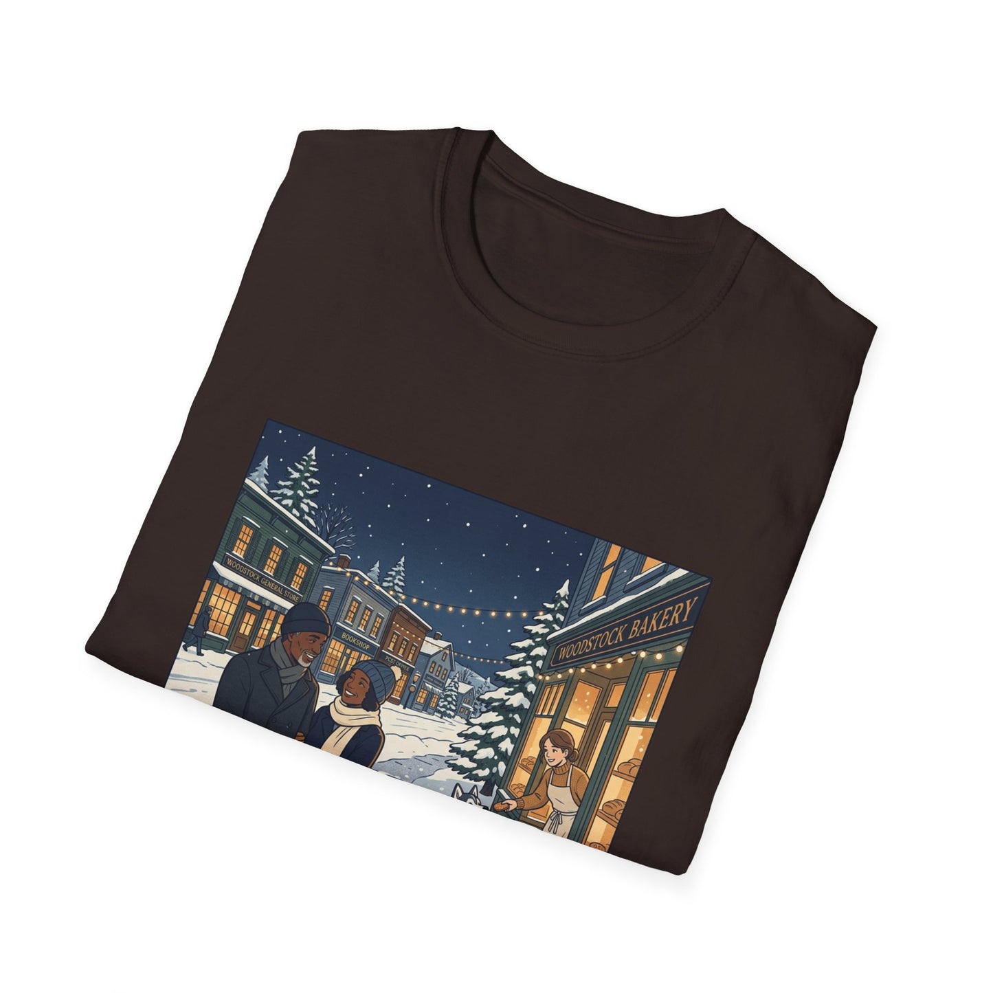 Winter String Lights Stroll T-Shirt — Cozy Holiday Street Scene Graphic Tee