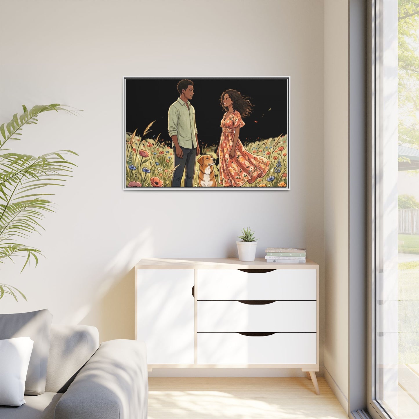 Framed Matte Canvas Print — Romantic Couple in Wildflower Field (Multi‑Color)