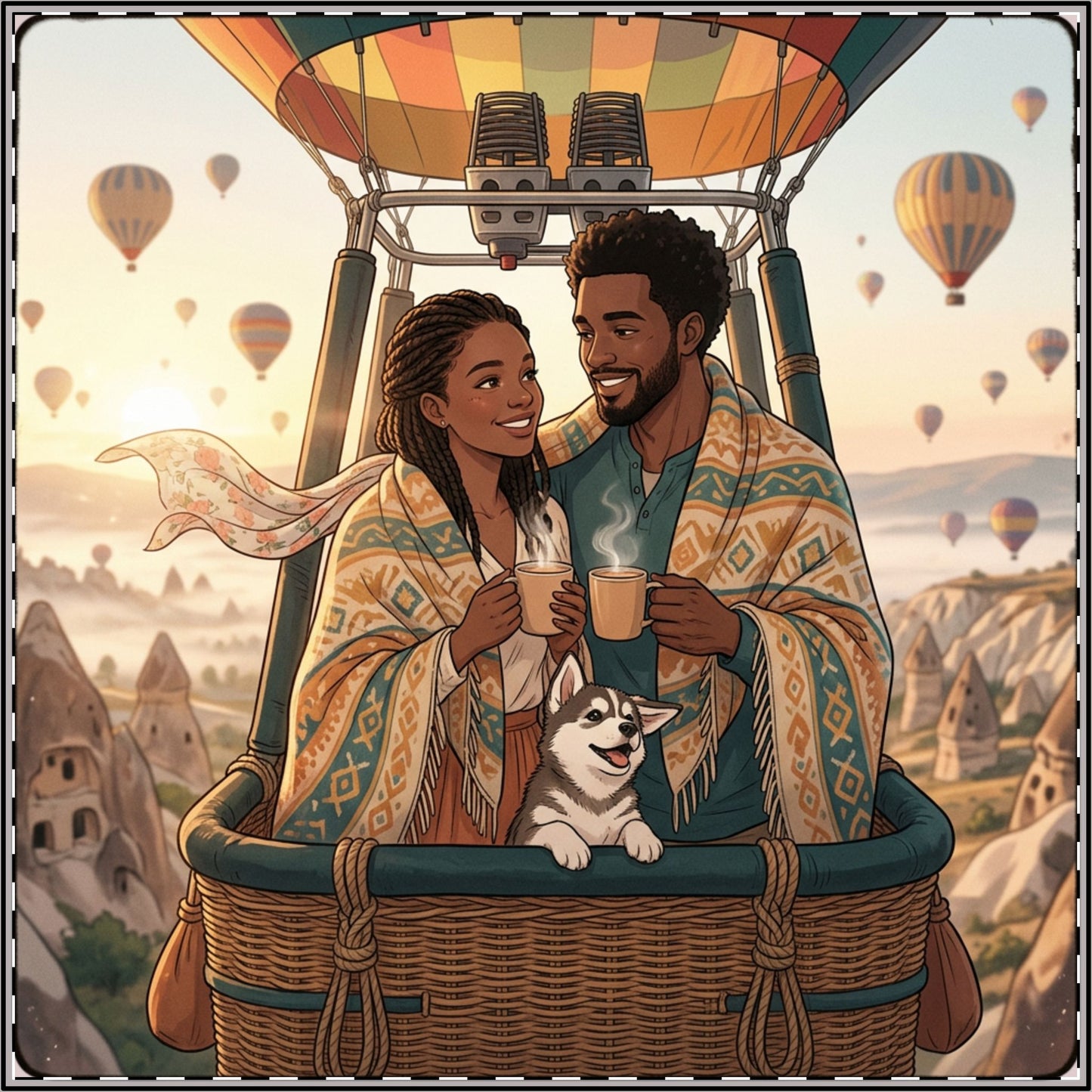Hot Air Balloon Couple Satin Poster — Romantic Travel Wall Art