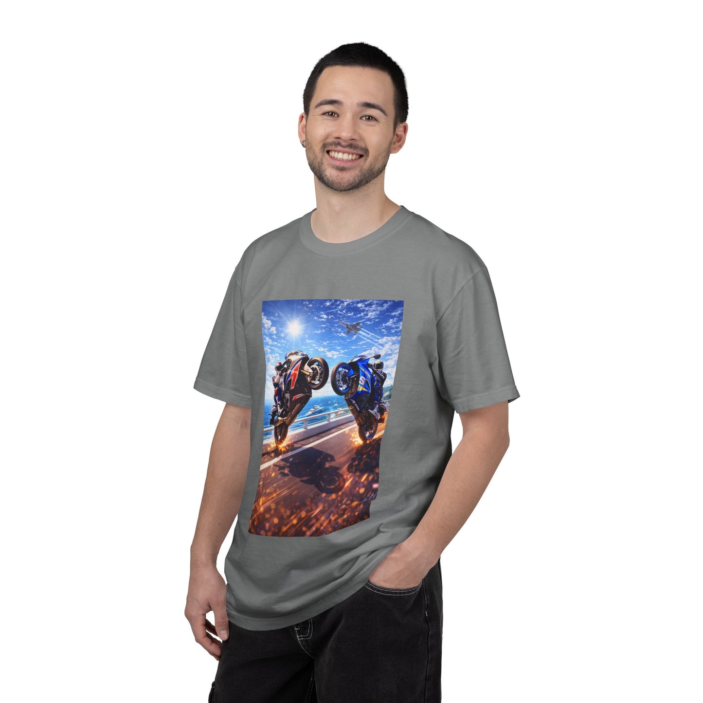 Stunt Riders Motorcycle T-Shirt — Two Bike Wheelie Racing Graphic Tee