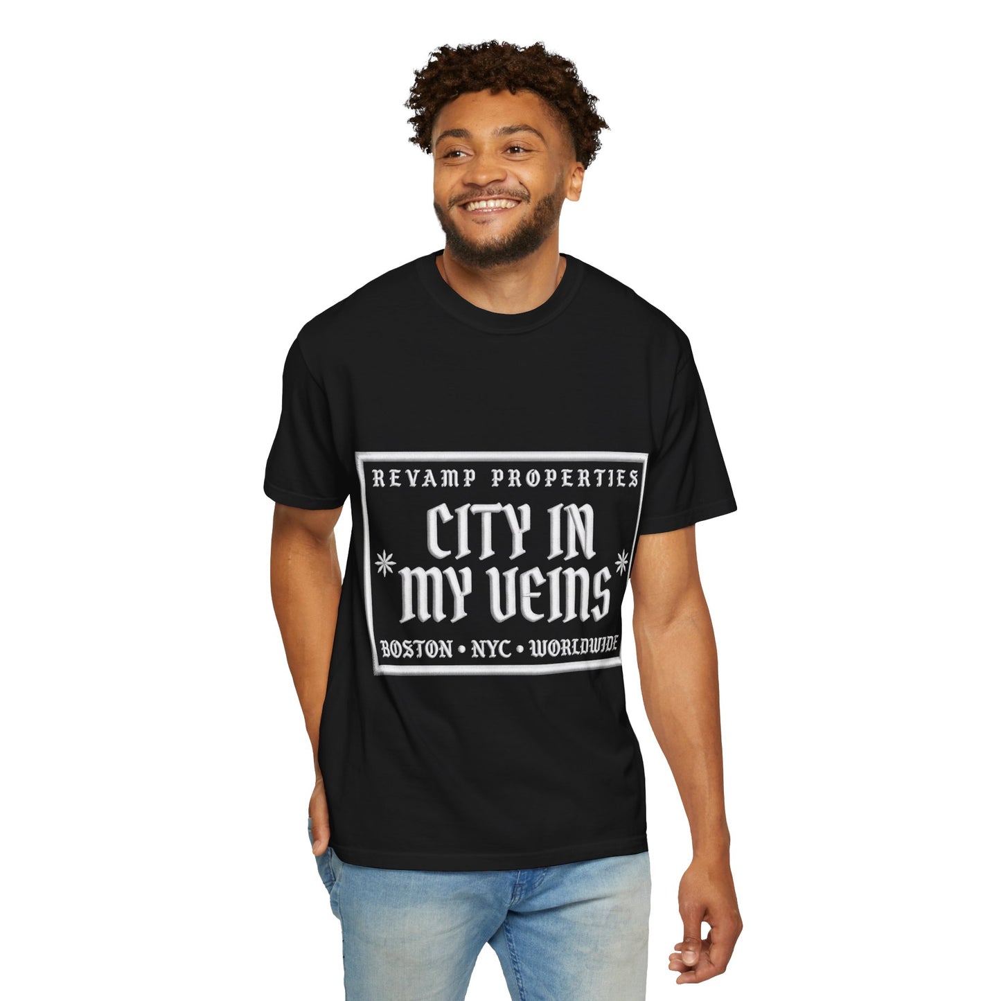 City In My Veins T‑Shirt — Vintage Cityscape Tee (Boston • NYC • Manchester)
