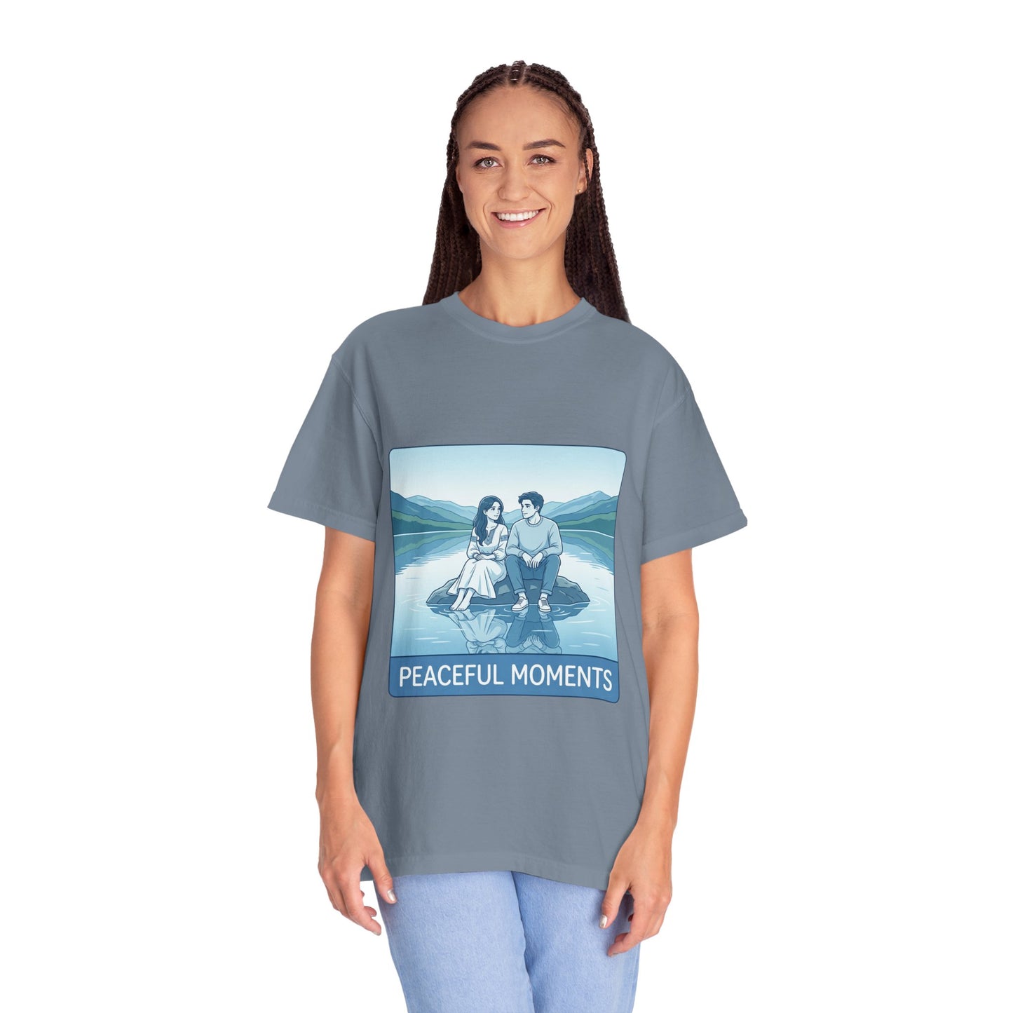 Peaceful Moments Tee — Couple Sitting by Lake Graphic T-Shirt