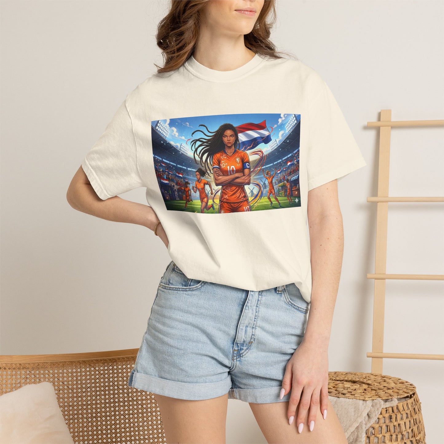 Soccer Warrior T-Shirt — Netherlands Female Captain with Flag Stadium Graphic