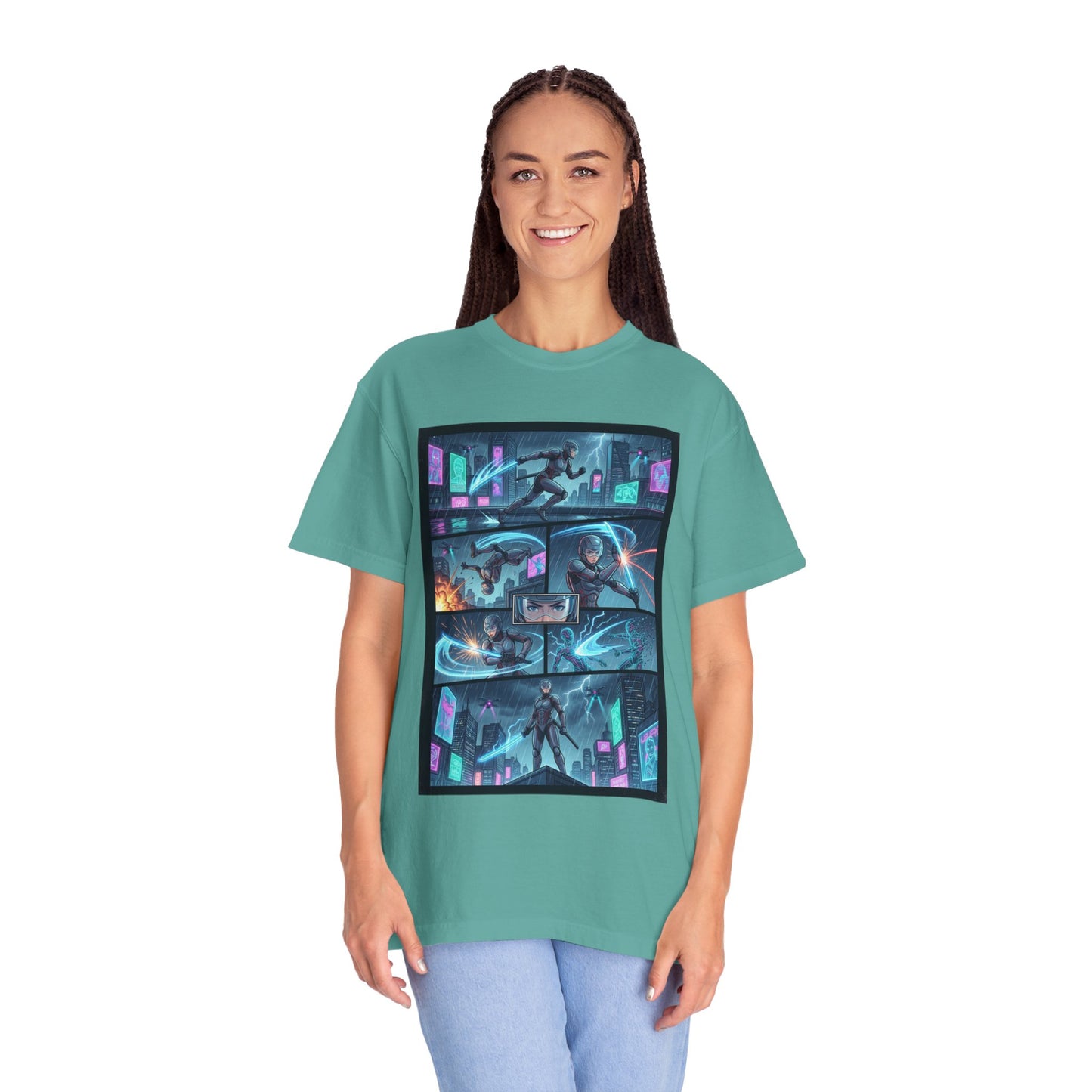 Cyberpunk Girl Samurai T-Shirt — Neon Manga Panel Graphic Tee