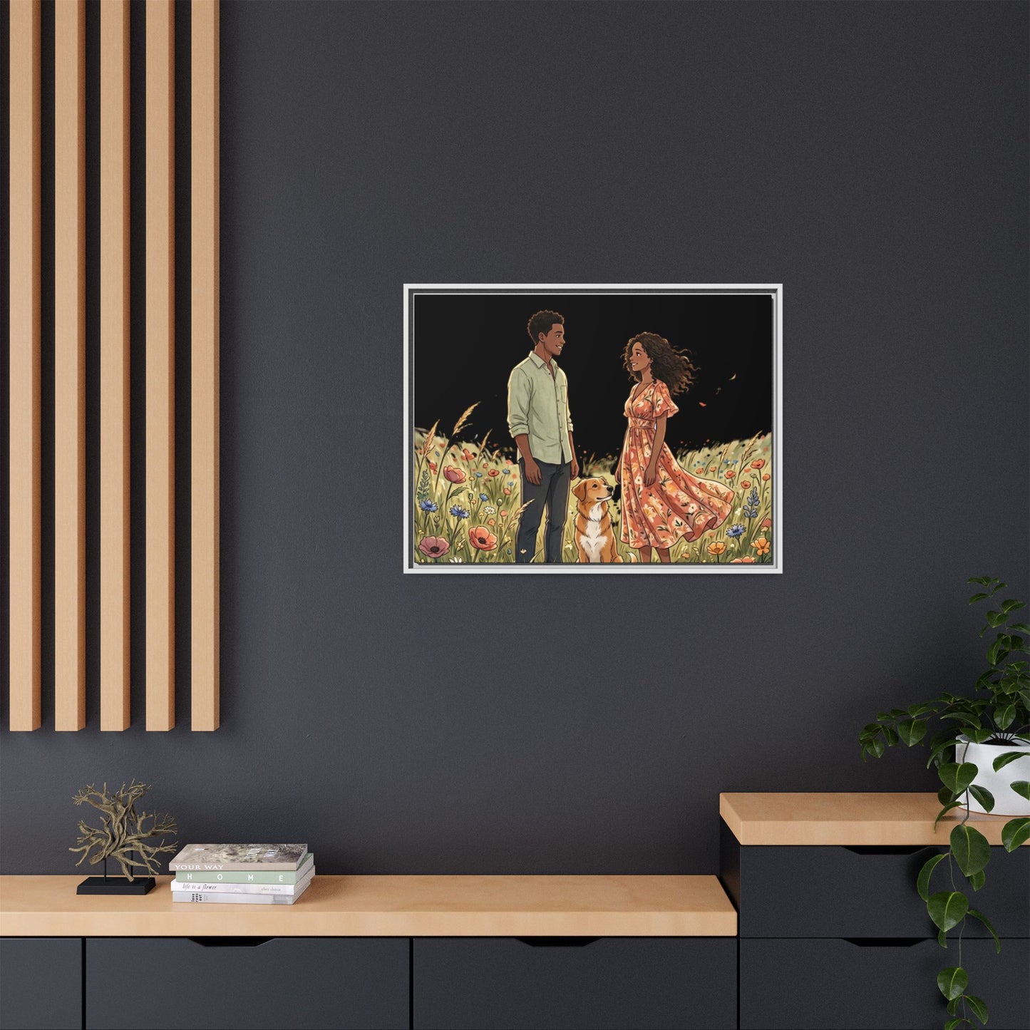 Framed Matte Canvas Print — Romantic Couple in Wildflower Field (Multi‑Color)