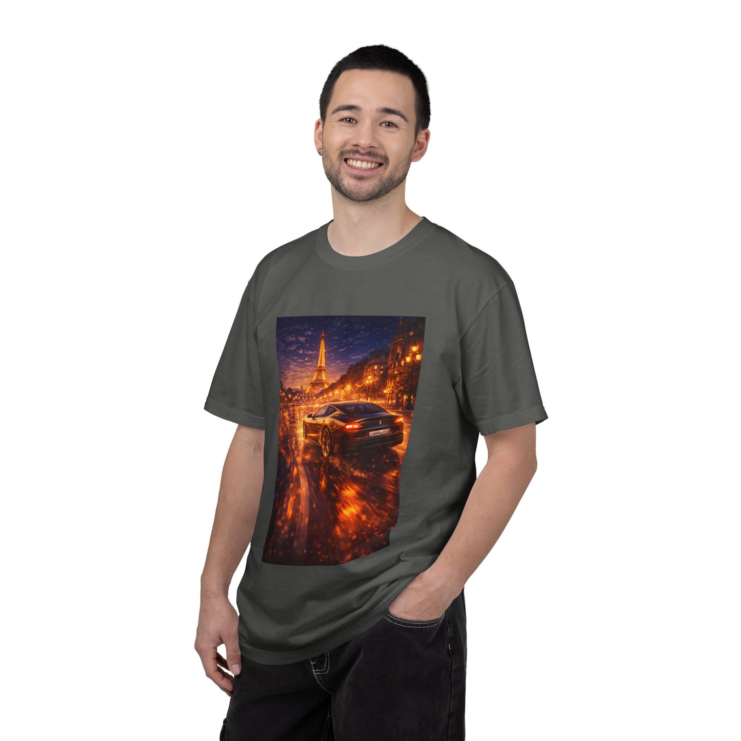 Paris Night Drive T-Shirt — Sports Car in Rainy Cityscape