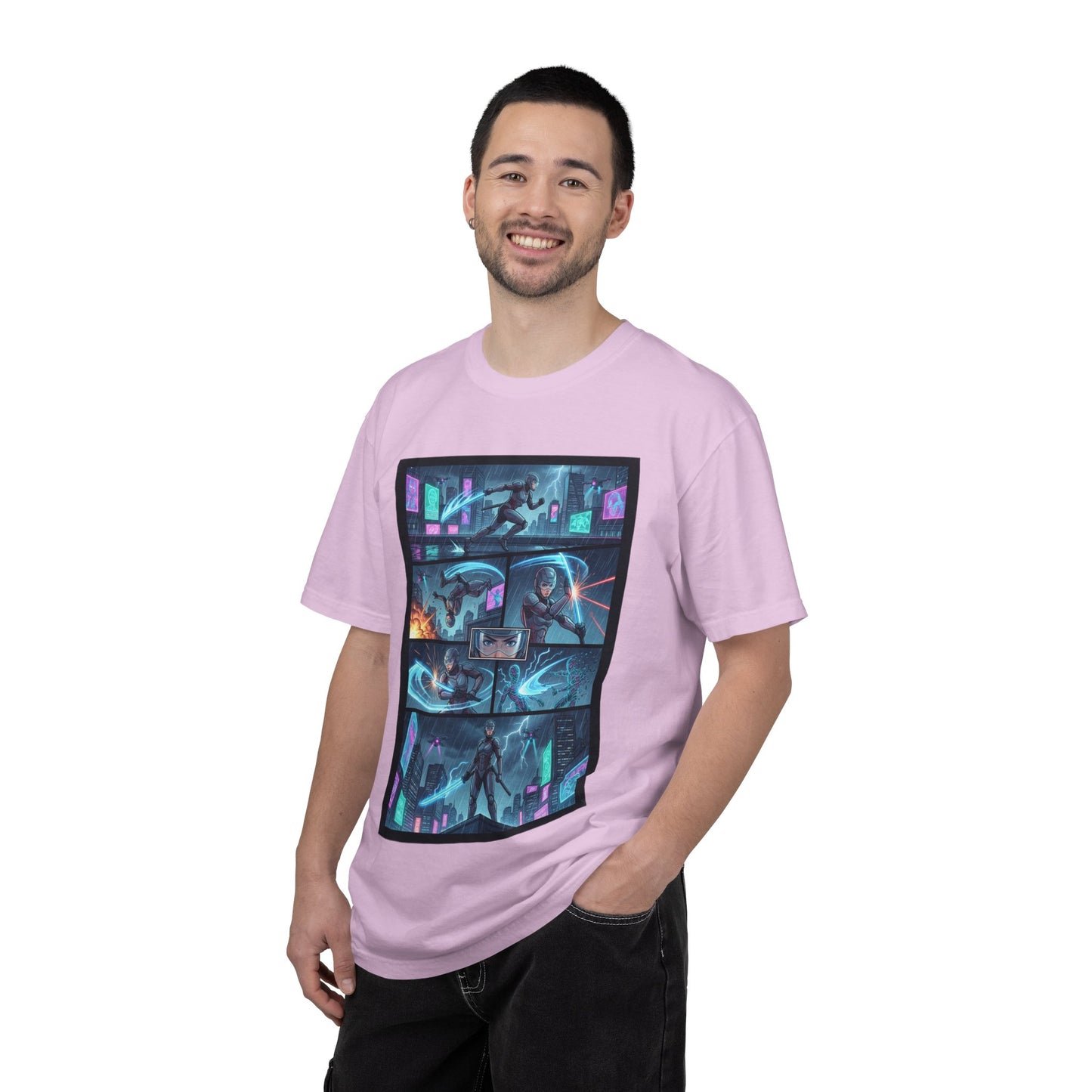 Cyberpunk Girl Samurai T-Shirt — Neon Manga Panel Graphic Tee