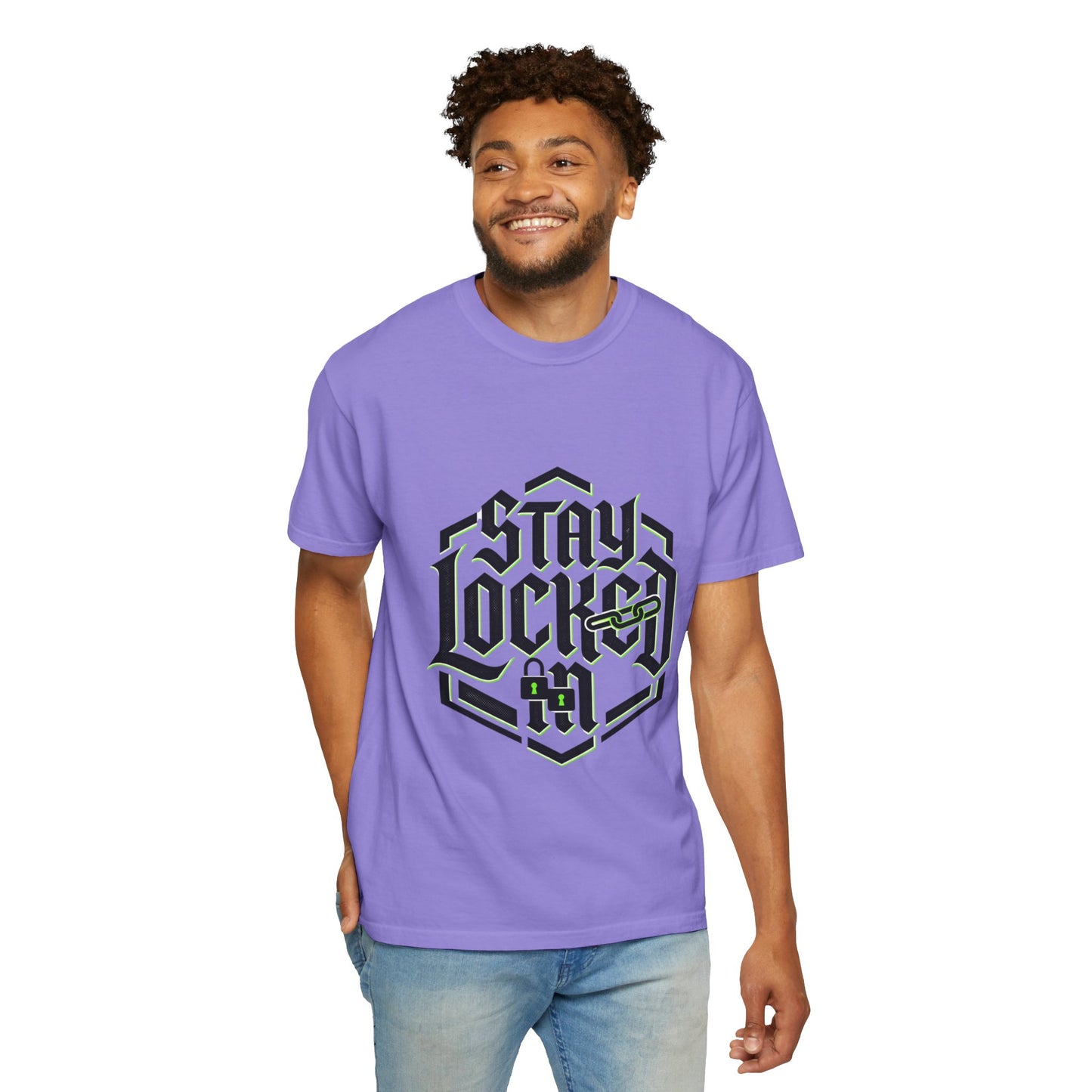 Stay Locked In T-Shirt — Bold Gothic Logo Tee