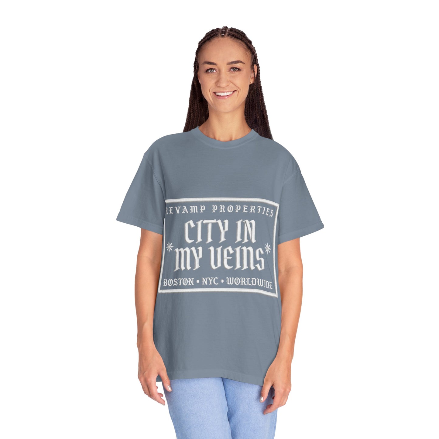 City In My Veins T‑Shirt — Vintage Cityscape Tee (Boston • NYC • Manchester)