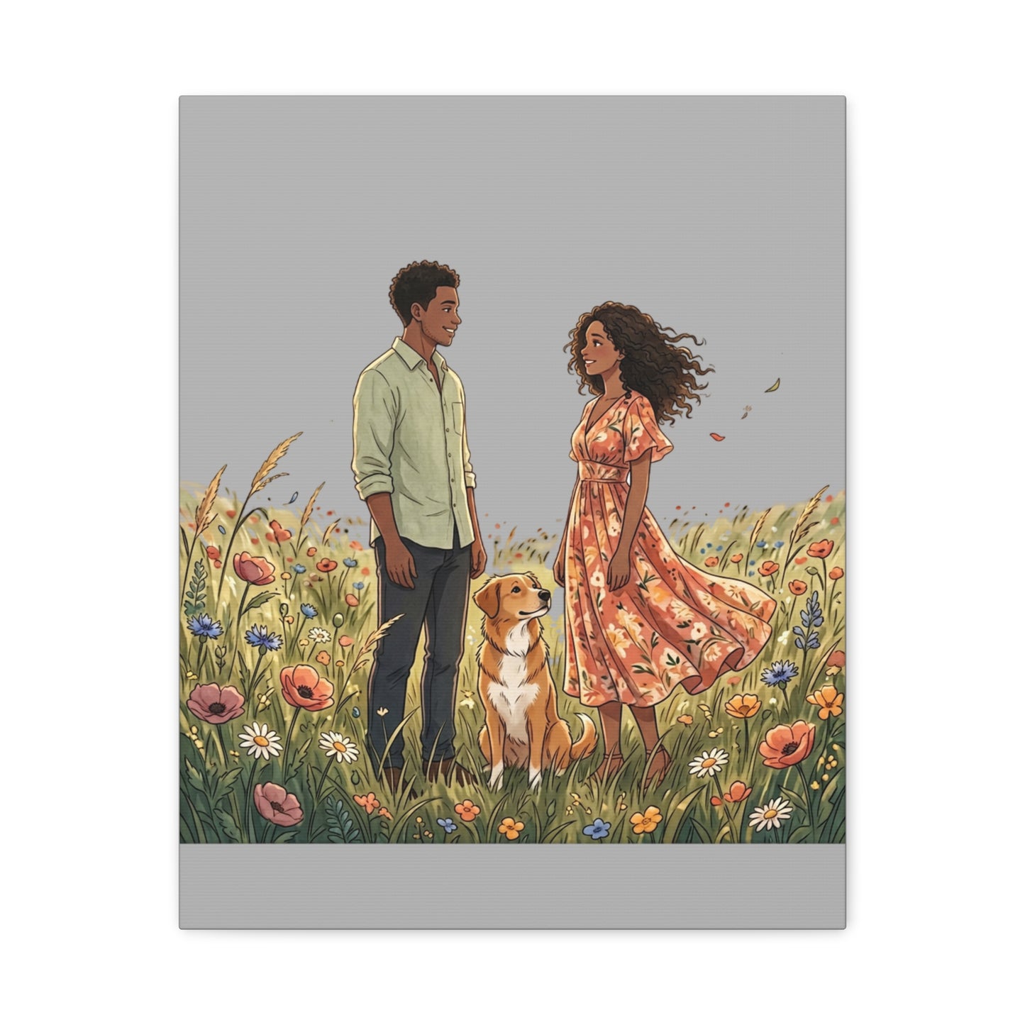 Romantic Couple in Wildflower Field Canvas Art — Black Love Wall Decor with Dog