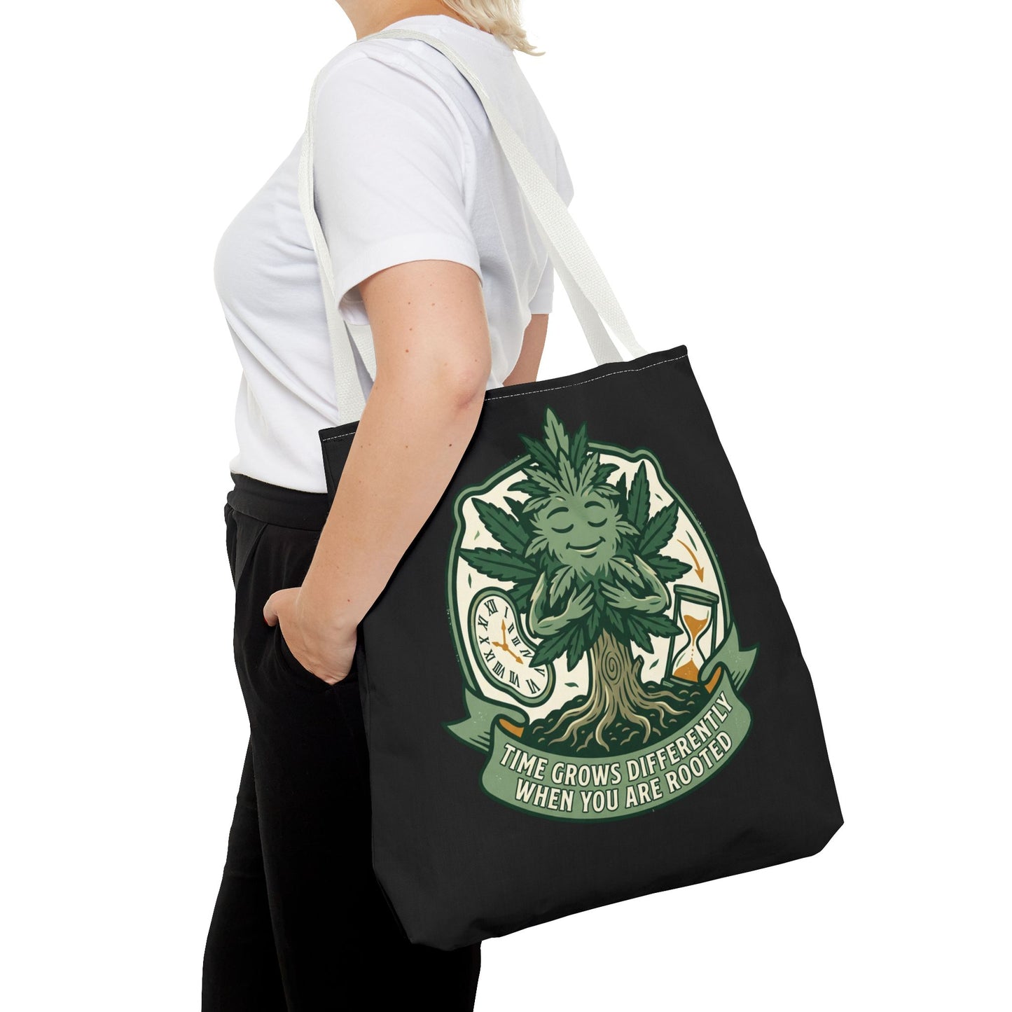 Rooted Tree Spirit Tote Bag — “Time Grows Different When You Are Rooted” Eco Tote
