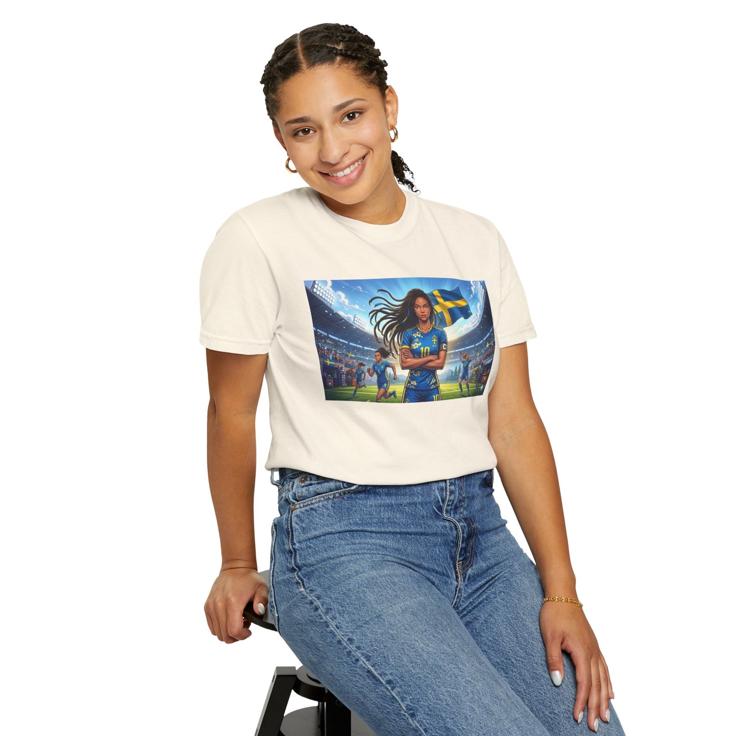 Swedish Soccer Pride T-Shirt — Female Footballer with Flag Stadium Design